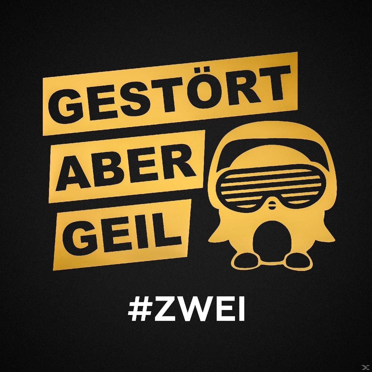 Goldener Text 'GESTÖRT ABER GEIL' und ein Cartoon-Pinguin mit Sonnenbrille auf schwarzem Hintergrund.