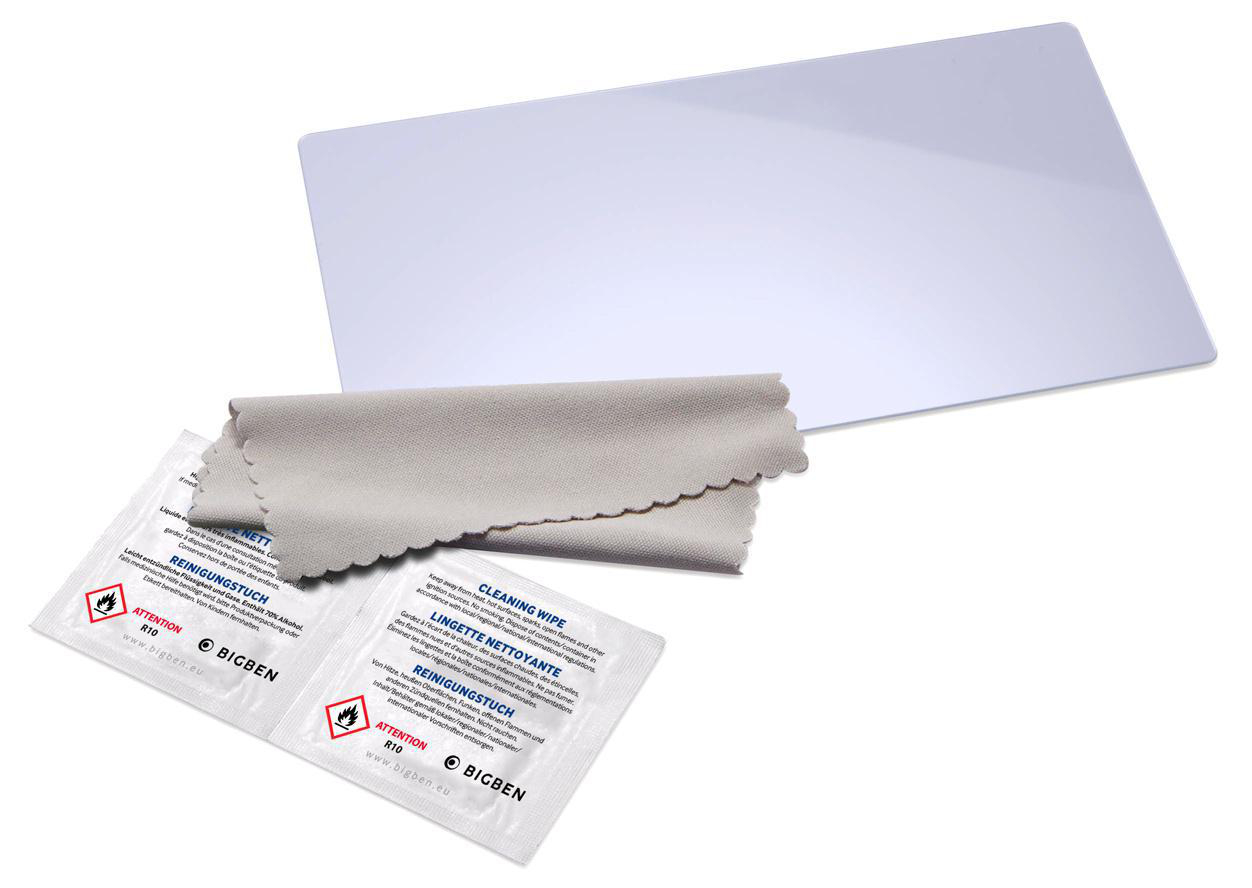 Reinigungskit-Artikel: Displayschutzfolie, Reinigungstuch und zwei Reinigungstücher auf weißem Grund.