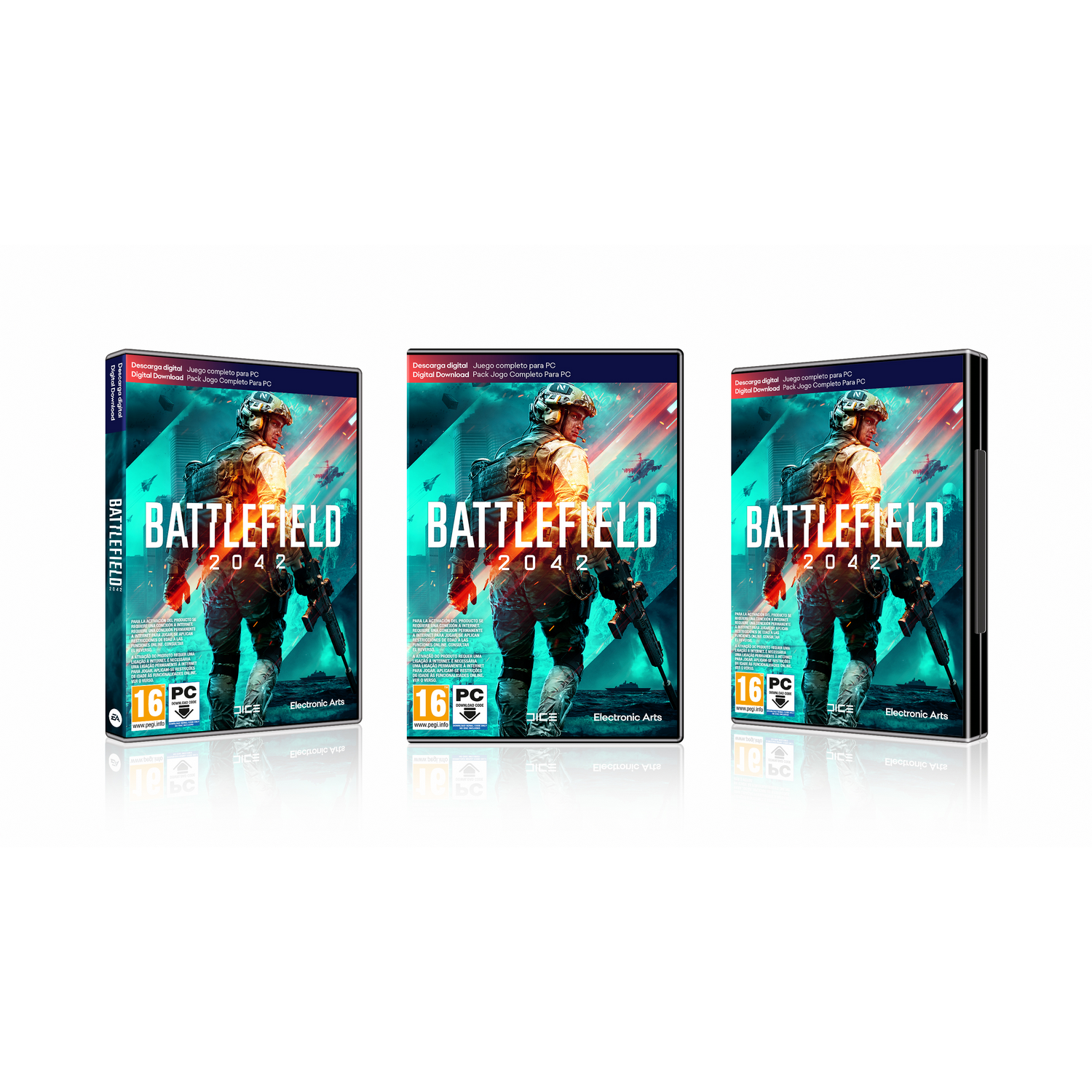 Tres cajas de juego Battlefield 2042, cada una mostrando un soldado con un arma. Fondo blanco.