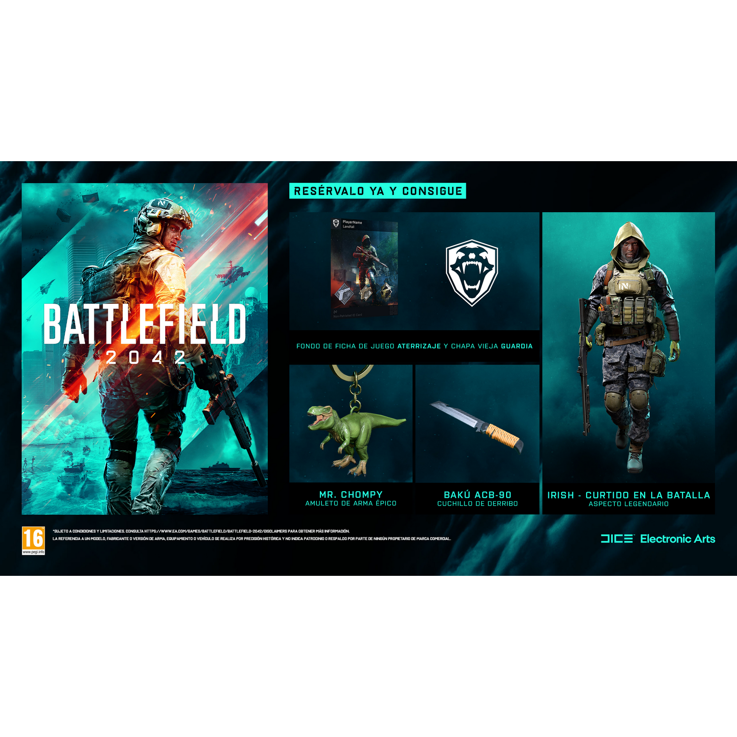 Imagen promocional de Battlefield 2042, con personajes, un logotipo del juego y varios elementos relacionados con el juego.