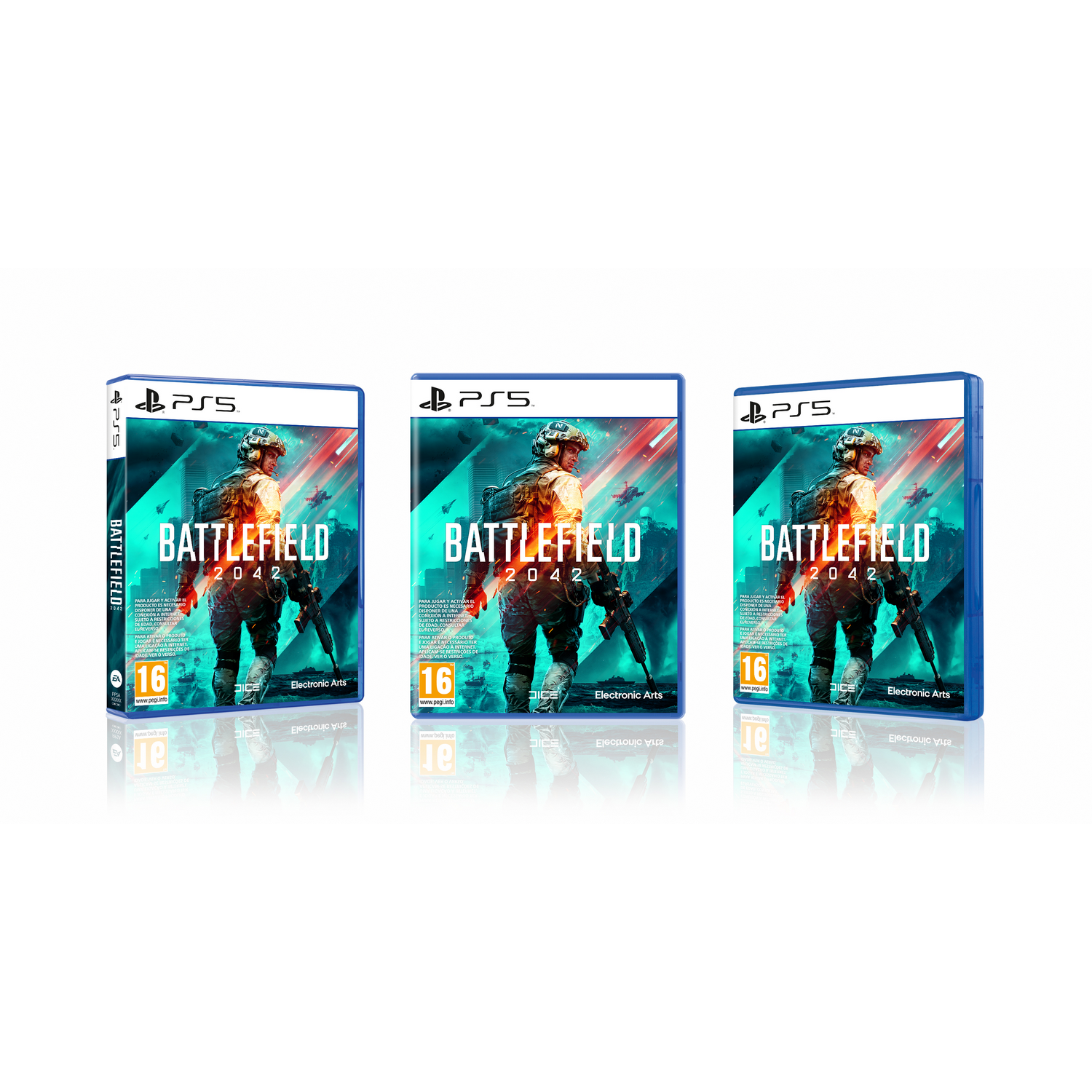 Tres cajas de juego para Battlefield 2042. Carcasa azul de PS5. Fondo blanco.