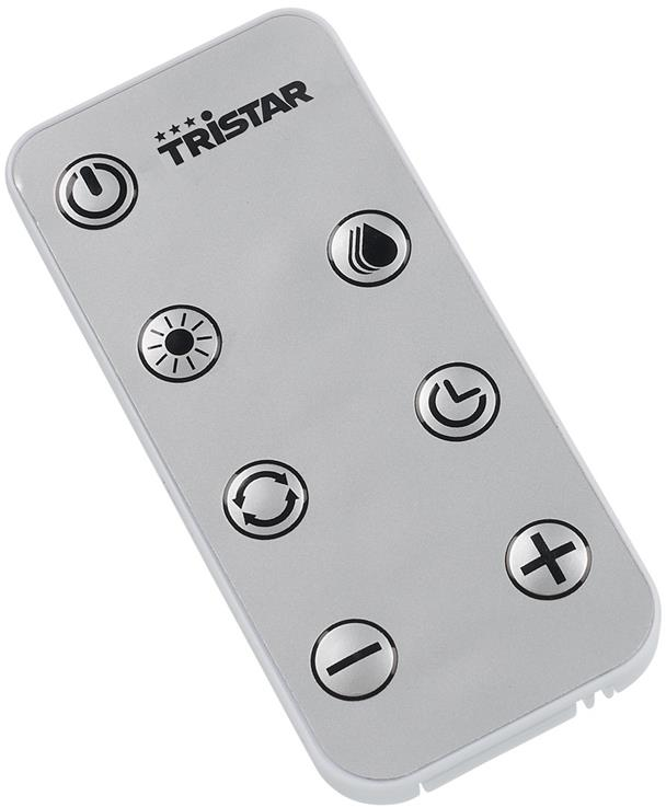 Telecomando grigio con diversi pulsanti, inclusi accensione e volume.