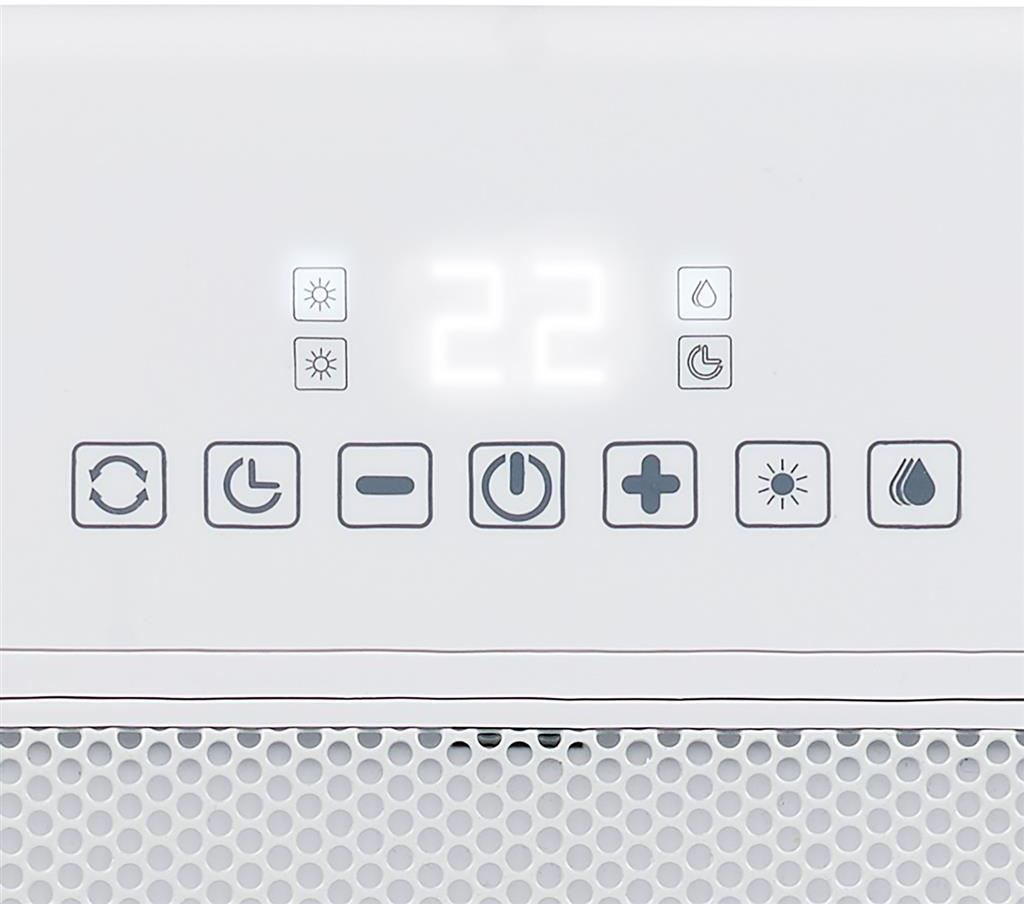 Primo piano di un pannello di controllo bianco con display digitale '22' e icone.