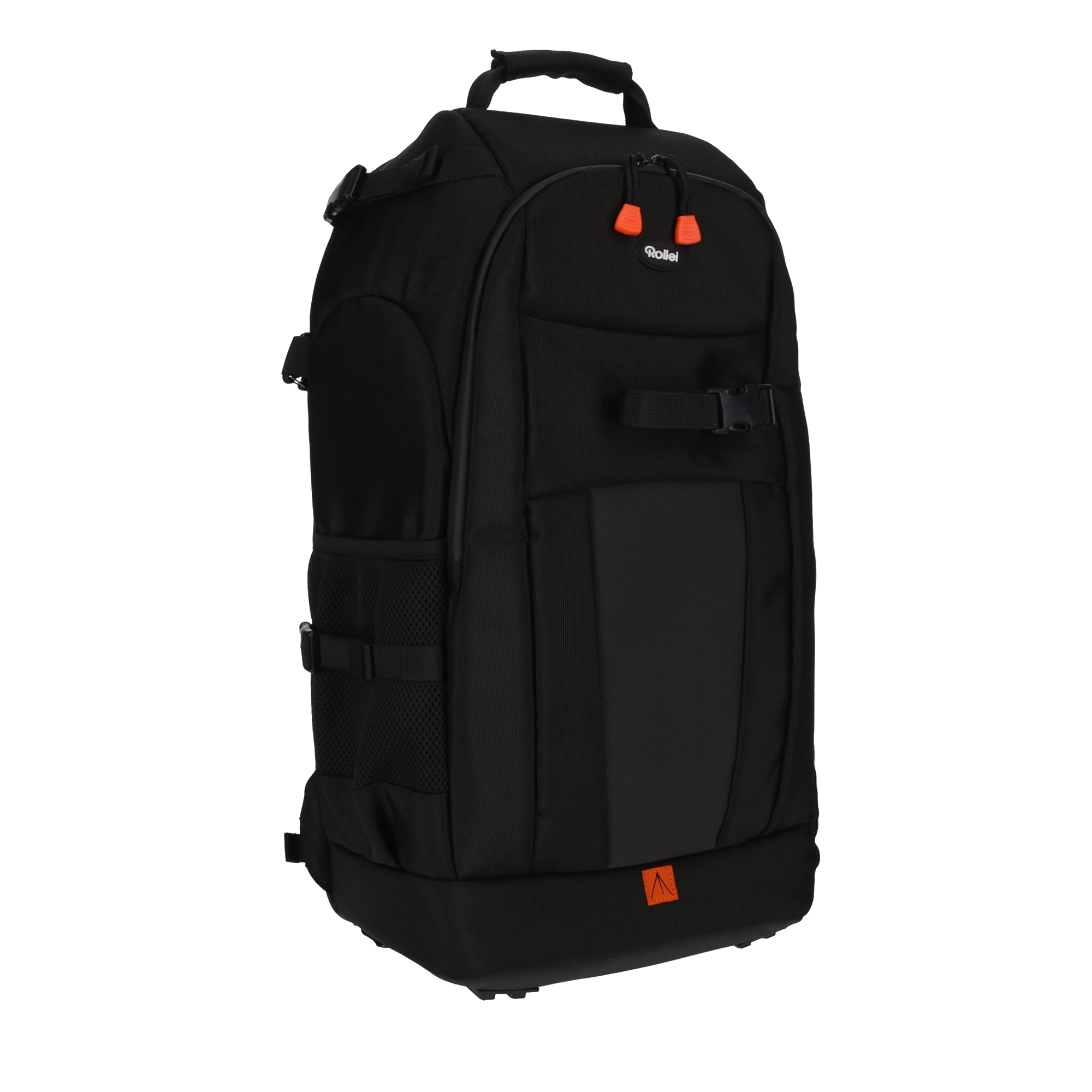 Schwarzer Kamera-Rucksack mit mehreren Fächern und orangefarbenen Reißverschlüssen, Seiten- und Frontansicht.