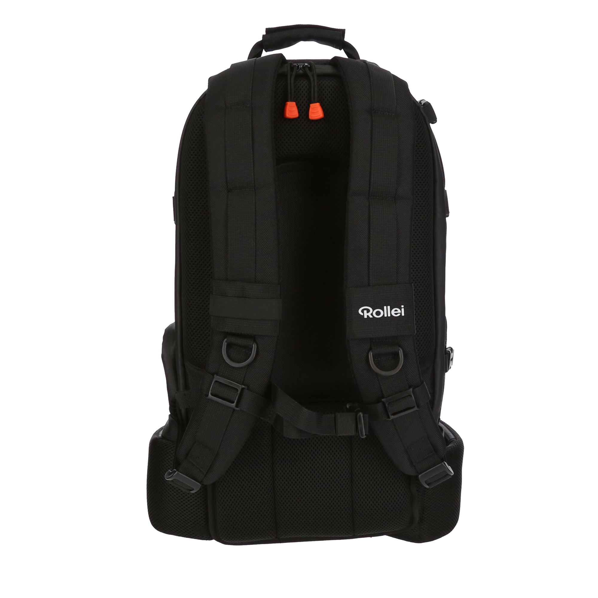 Ein schwarzer Rucksack mit mehreren Riemen und dem Rollei-Logo.