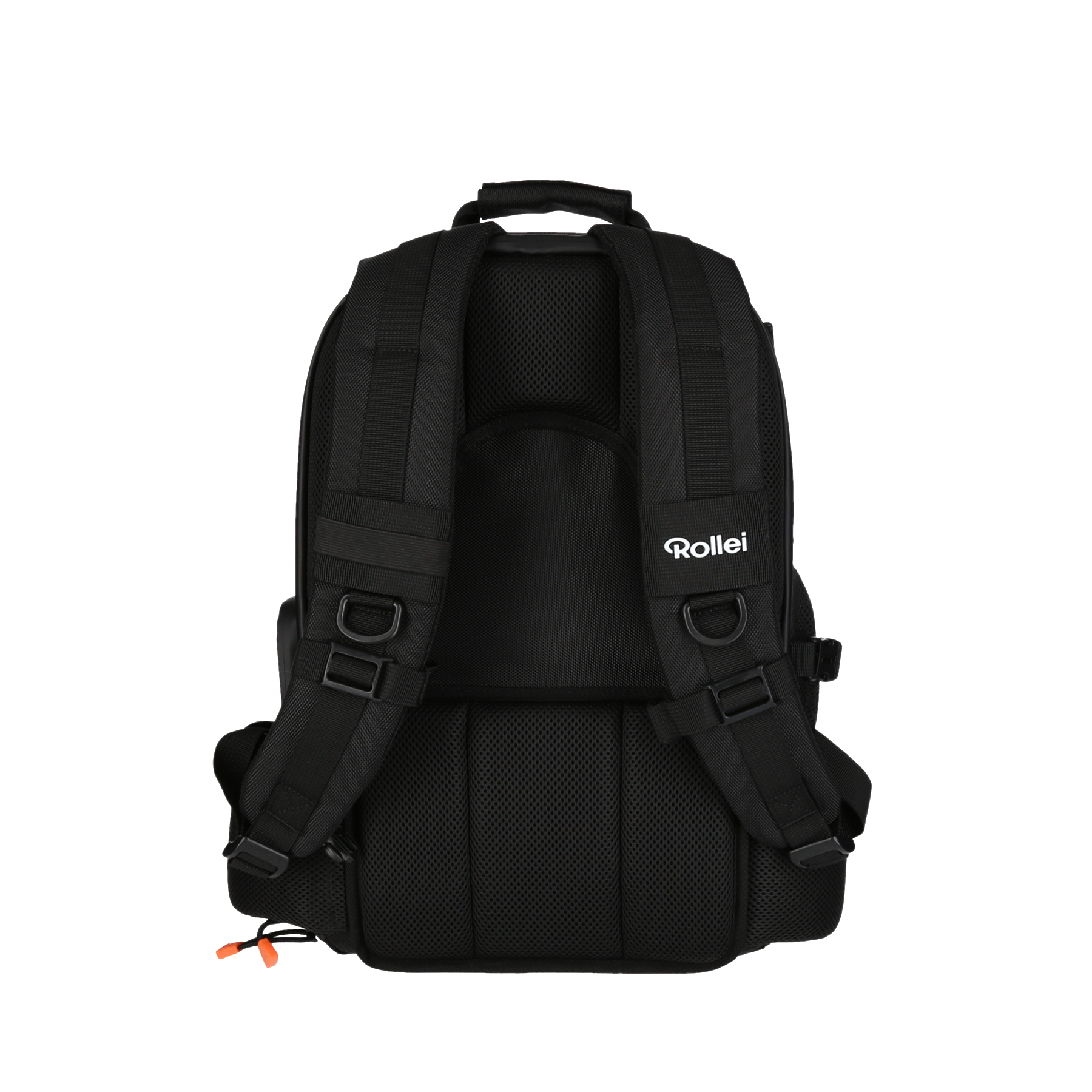 Schwarzer Rucksack mit weißem 'Rollei'-Text, mit Schultergurten und verschiedenen Fächern.