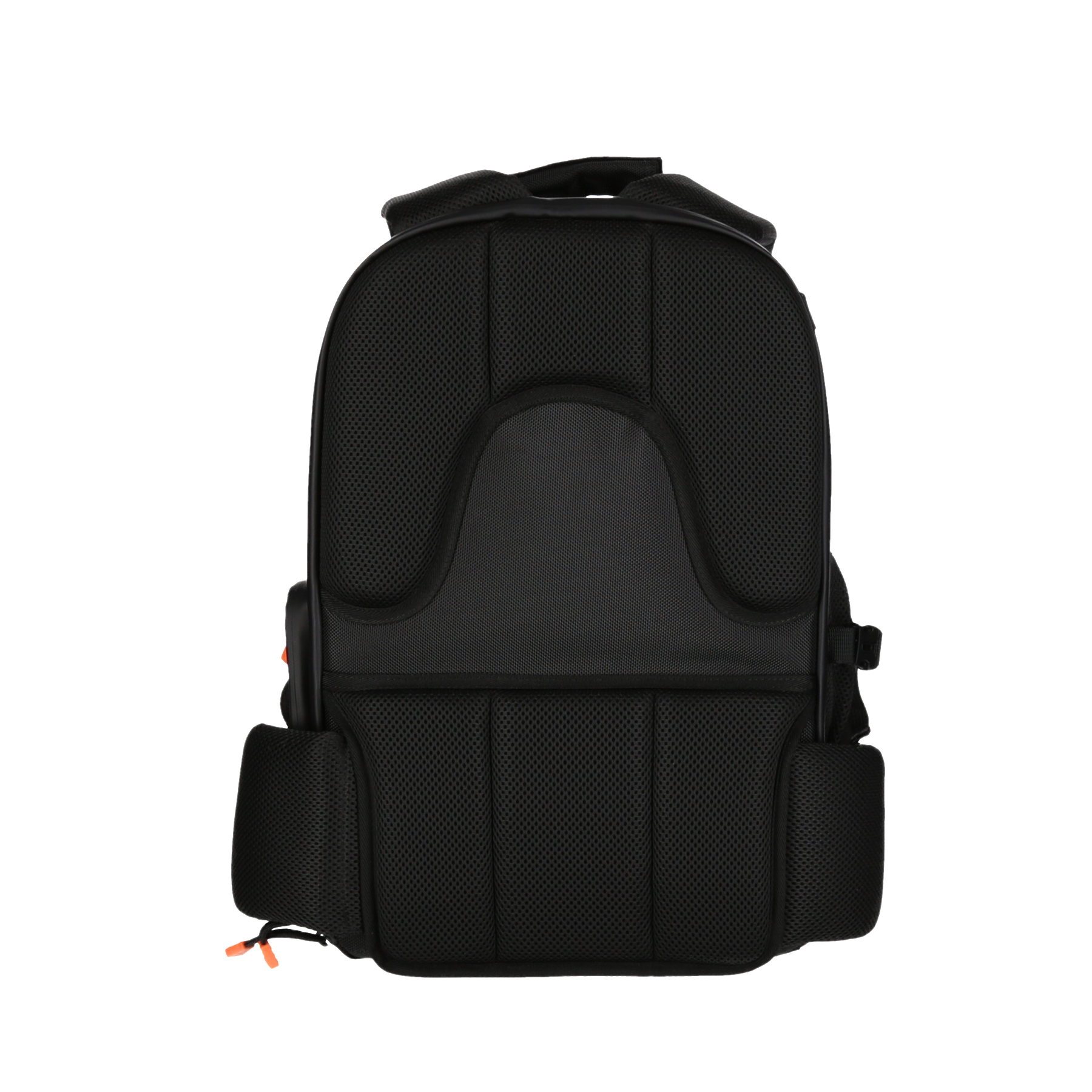 Rucksack, schwarz mit Mesh-Rücken und Schultergurten, orangefarbene Akzente.