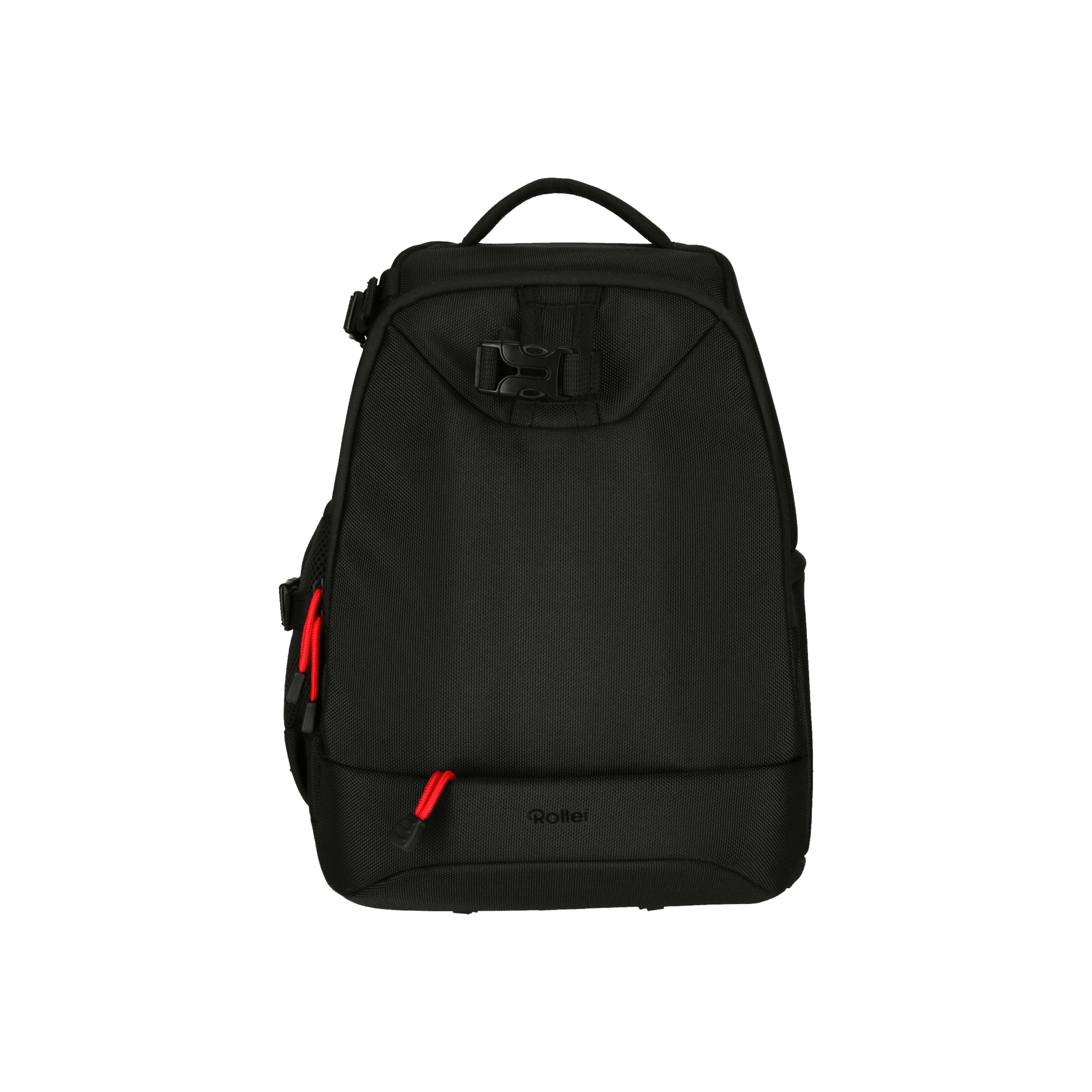 Schwarzer Rucksack mit roten Akzenten. Merkmale umfassen einen Griff, Träger und ein 'Roller'-Logo.