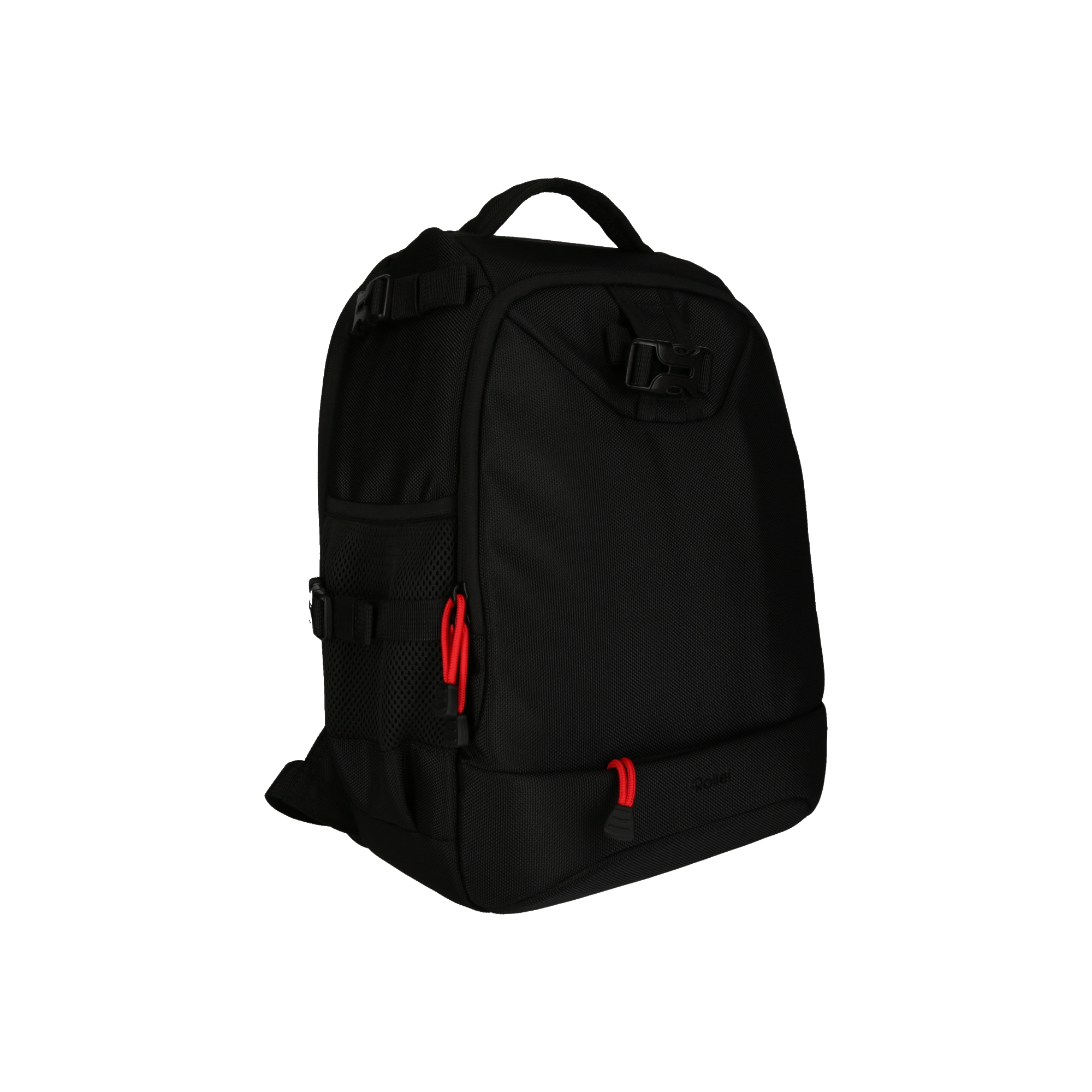 Schwarzer Rucksack mit roten Akzenten, von der Seite betrachtet, vor weißem Hintergrund.