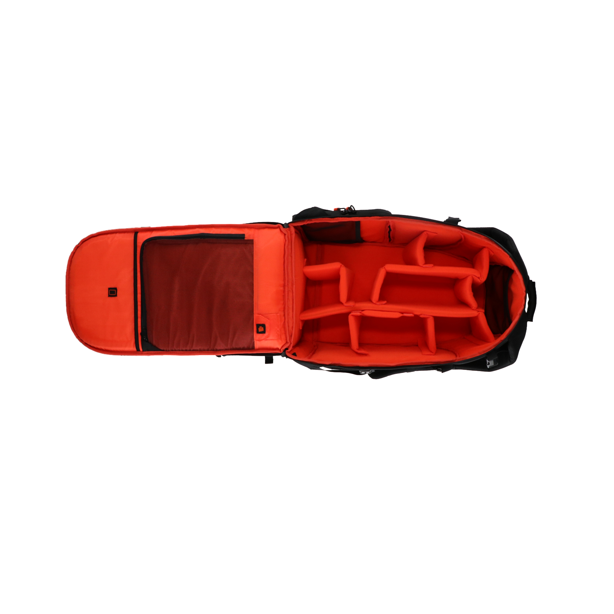 Eine offene schwarze und orangefarbene Kameratasche mit Trennwänden, von oben gesehen.