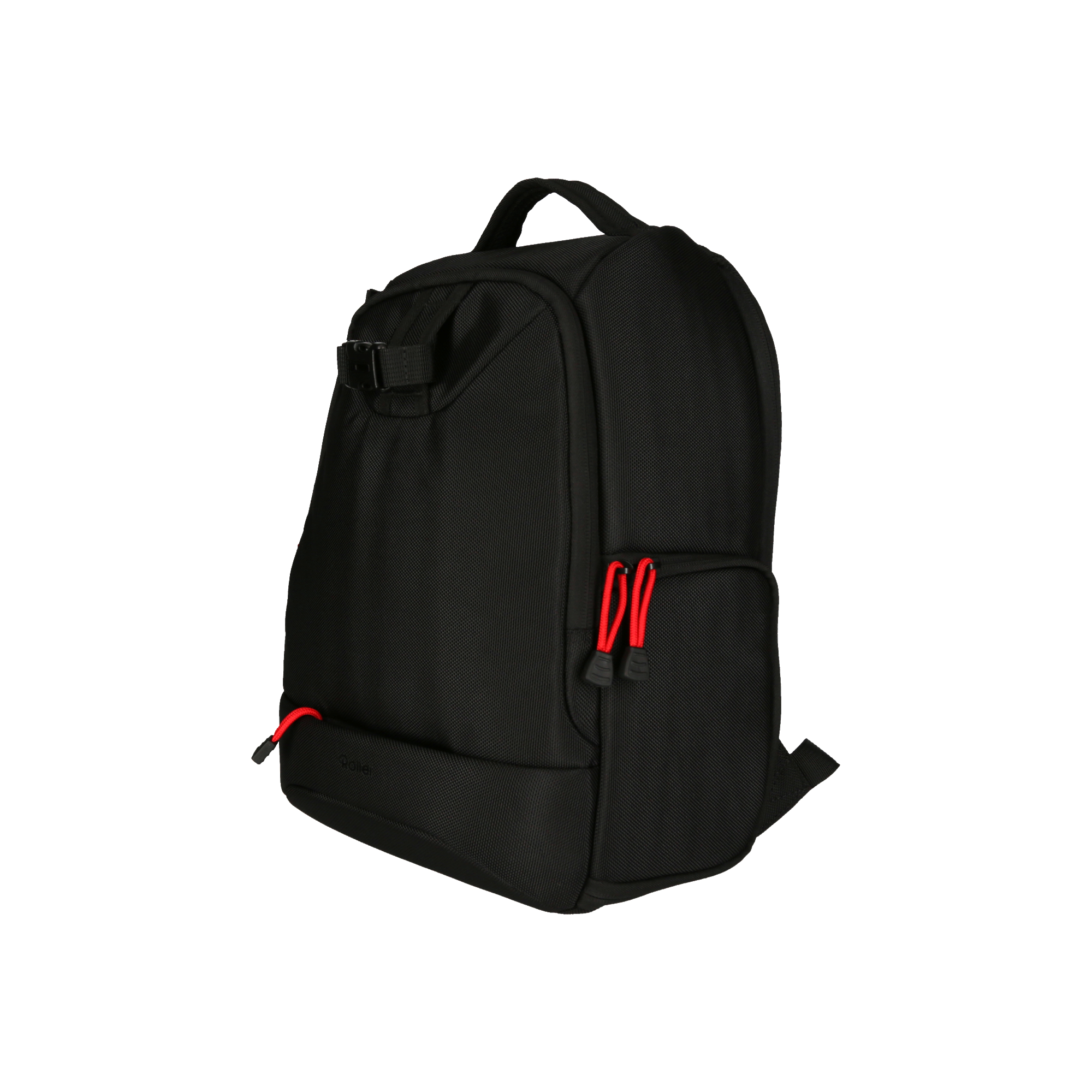 Ein schwarzer Rucksack mit roten Reißverschlüssen, einem Griff und einer Seitentasche.