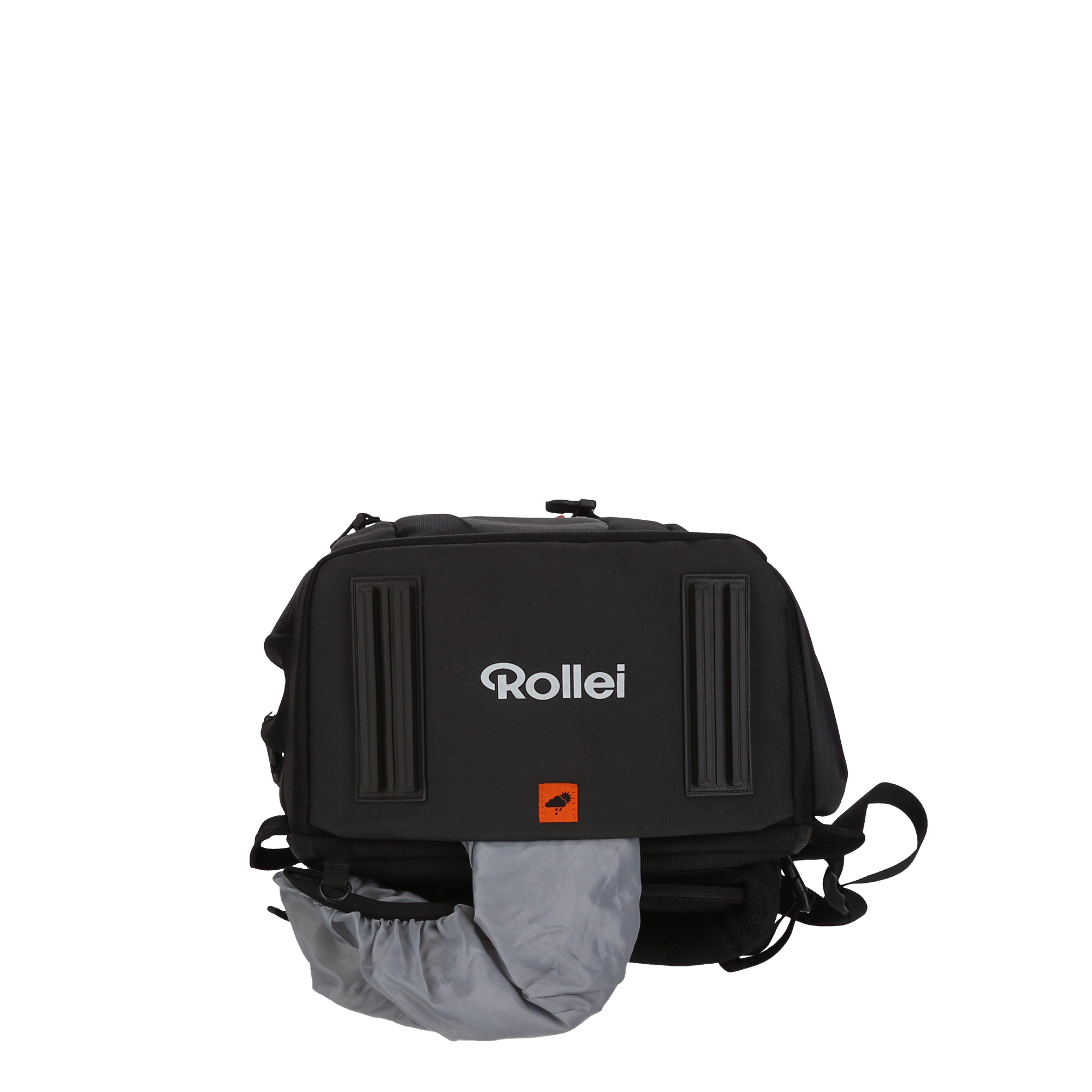 Schwarzer Rucksack mit weißem Rollei-Logo und orangefarbenem Logo, unten offen, vor weißem Hintergrund.