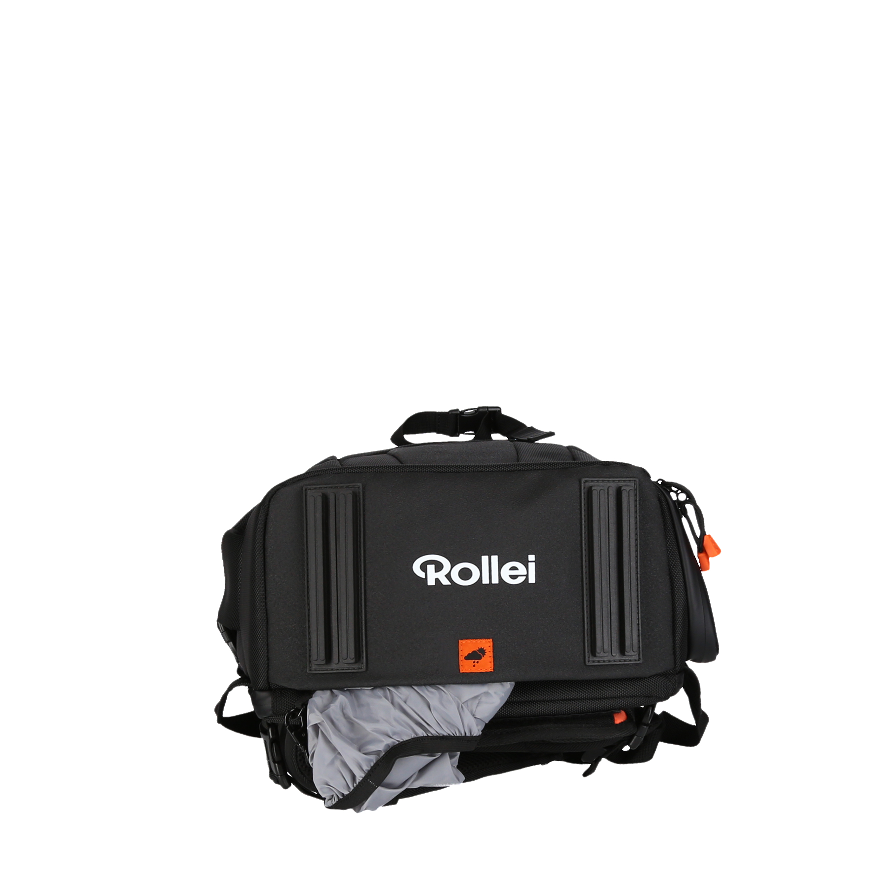 Schwarze Kameratasche mit 'Rollei'-Logo. Innen offen, mit grauem Futter sichtbar.