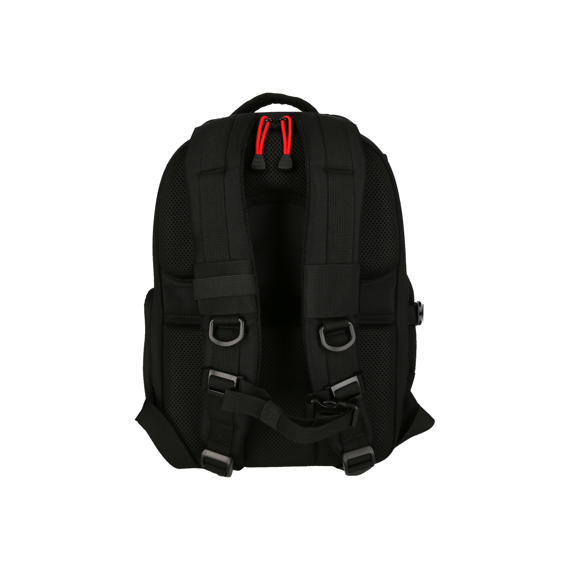 Schwarzer Rucksack. Die Rückansicht zeigt Gurte, Clips und rote Reißverschlusszipper.