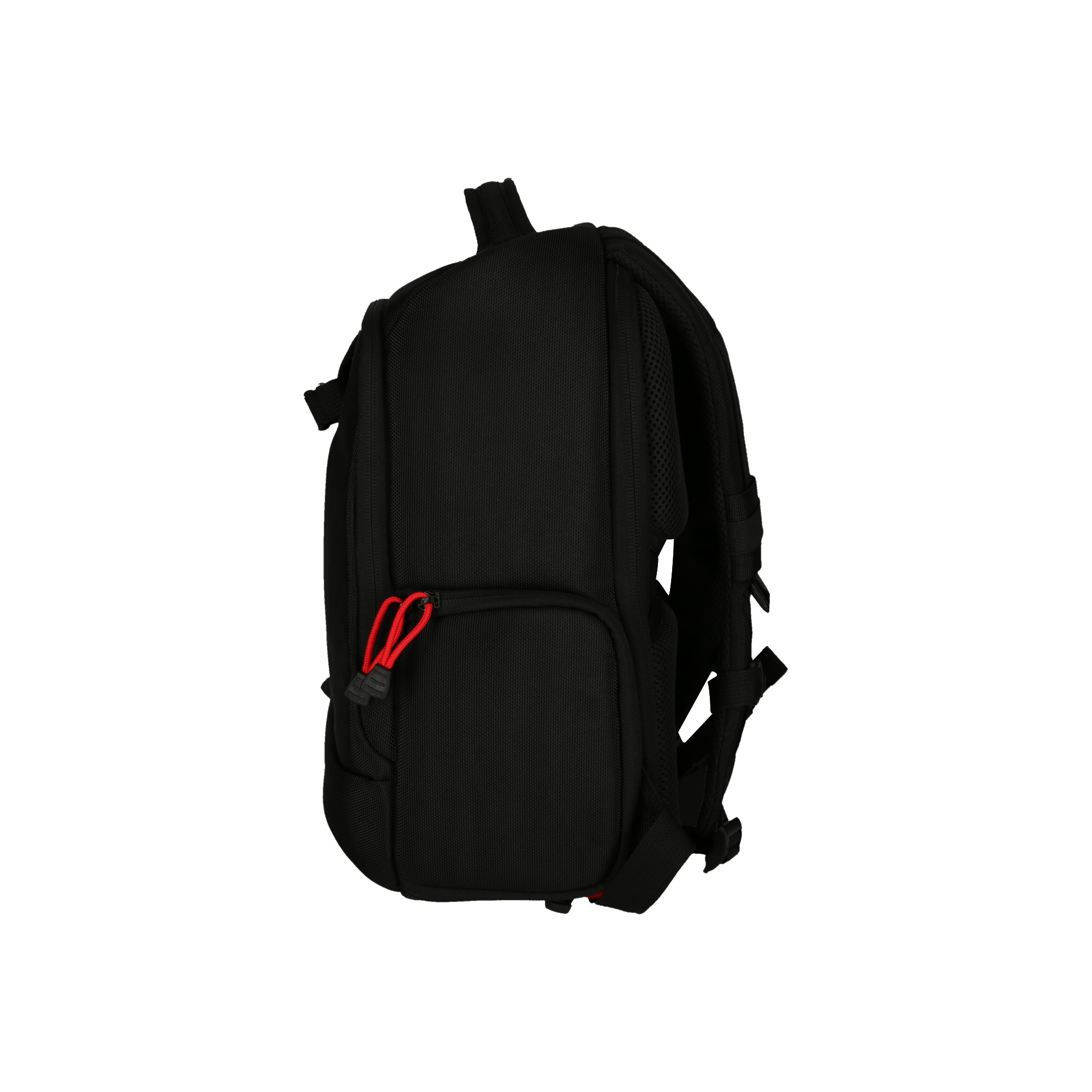 Ein schwarzer Kamera-Rucksack mit roten Reißverschlüssen auf weißem Hintergrund.
