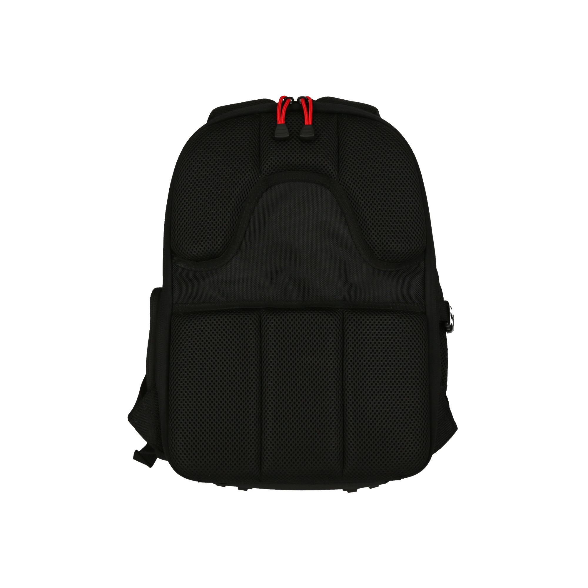 Schwarzer Rucksack. Mesh-Rückenpolsterung, zwei Schultergurte und rote Reißverschlüsse. Isoliert.