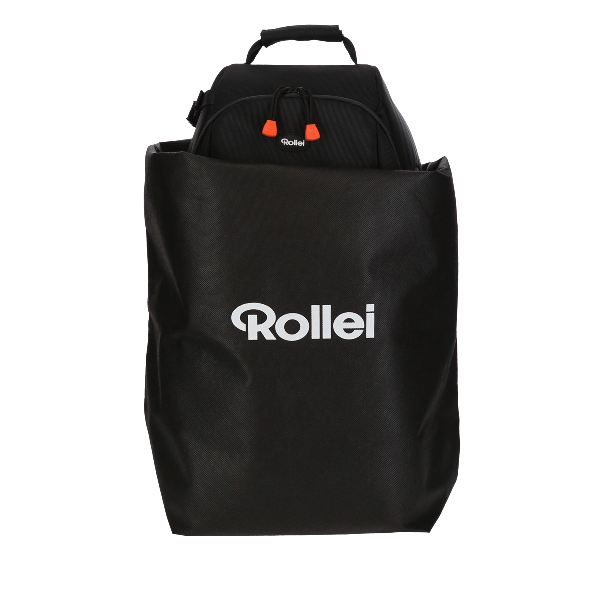 Schwarze Rollei-Tasche mit weißem Rollei-Text. Schwarze Tasche innen. Weißer Hintergrund.
