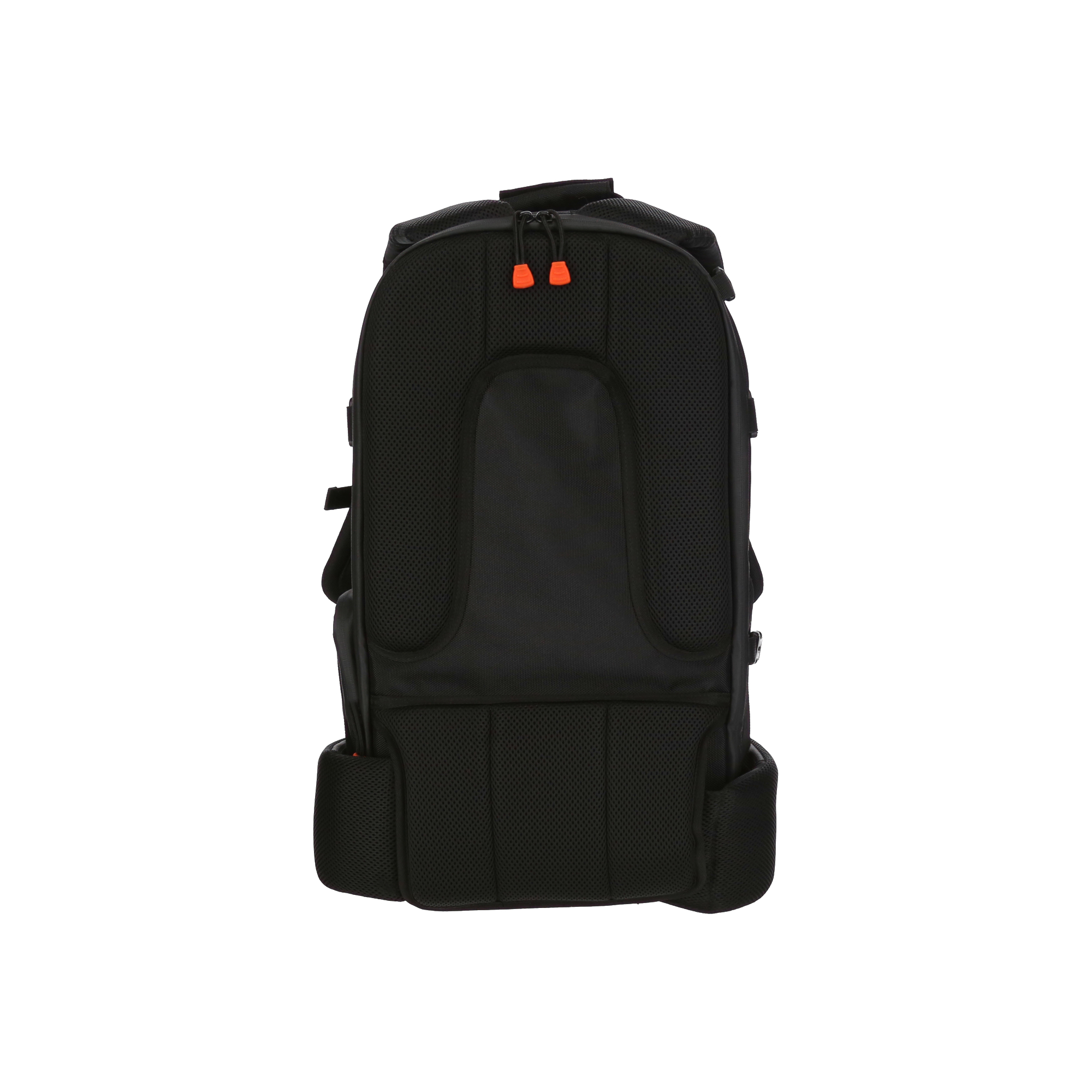 Schwarzer Rucksack mit orangefarbenen Reißverschlüssen vor weißem Hintergrund.
