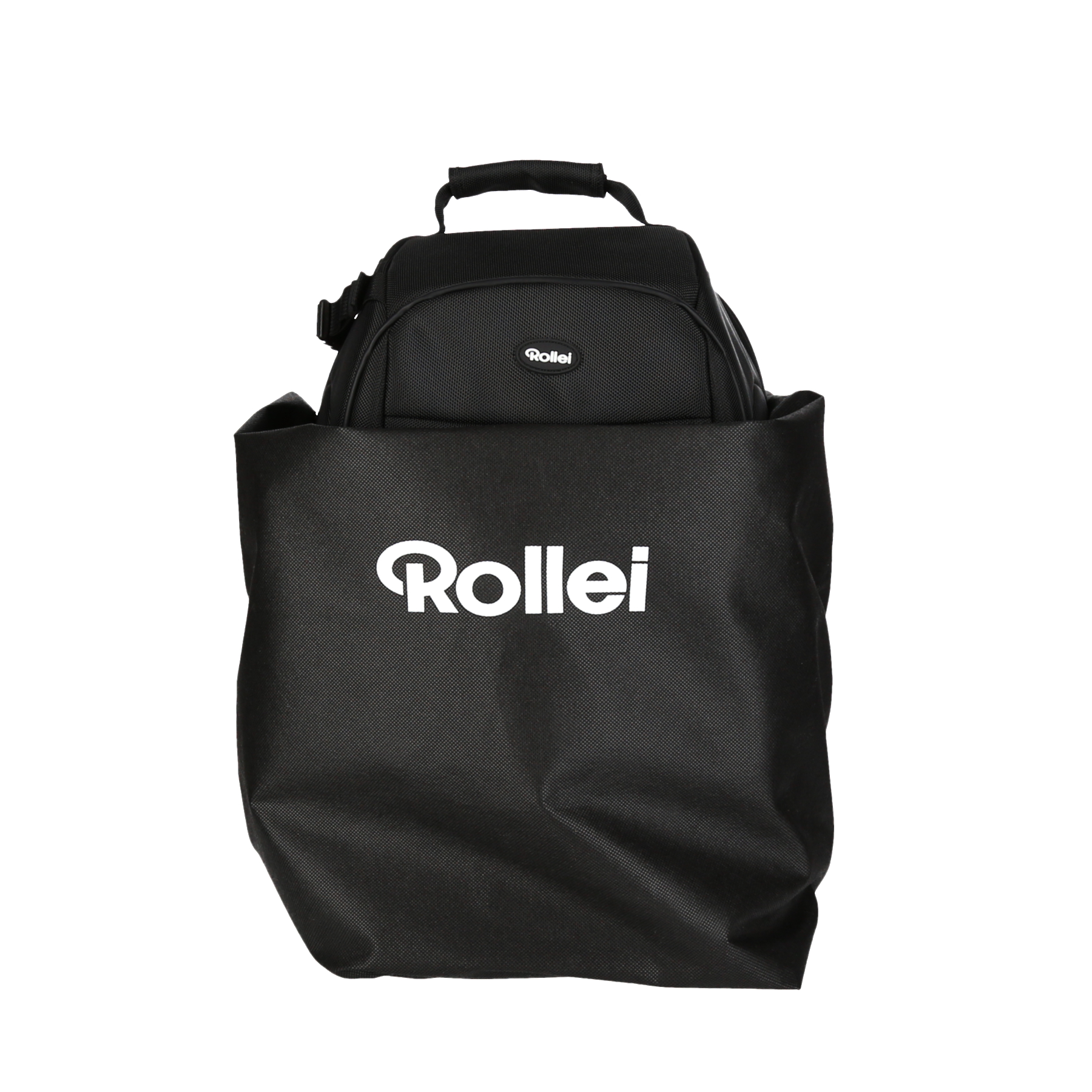 Schwarze Rollei Kameratasche mit einer Kameratasche darin. Rollei-Logo sichtbar.
