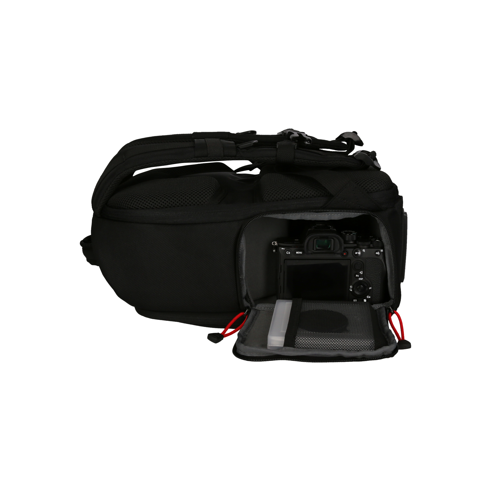 Ein Rucksack mit einer Kamera im Inneren, der den Kamerabildschirm zeigt.