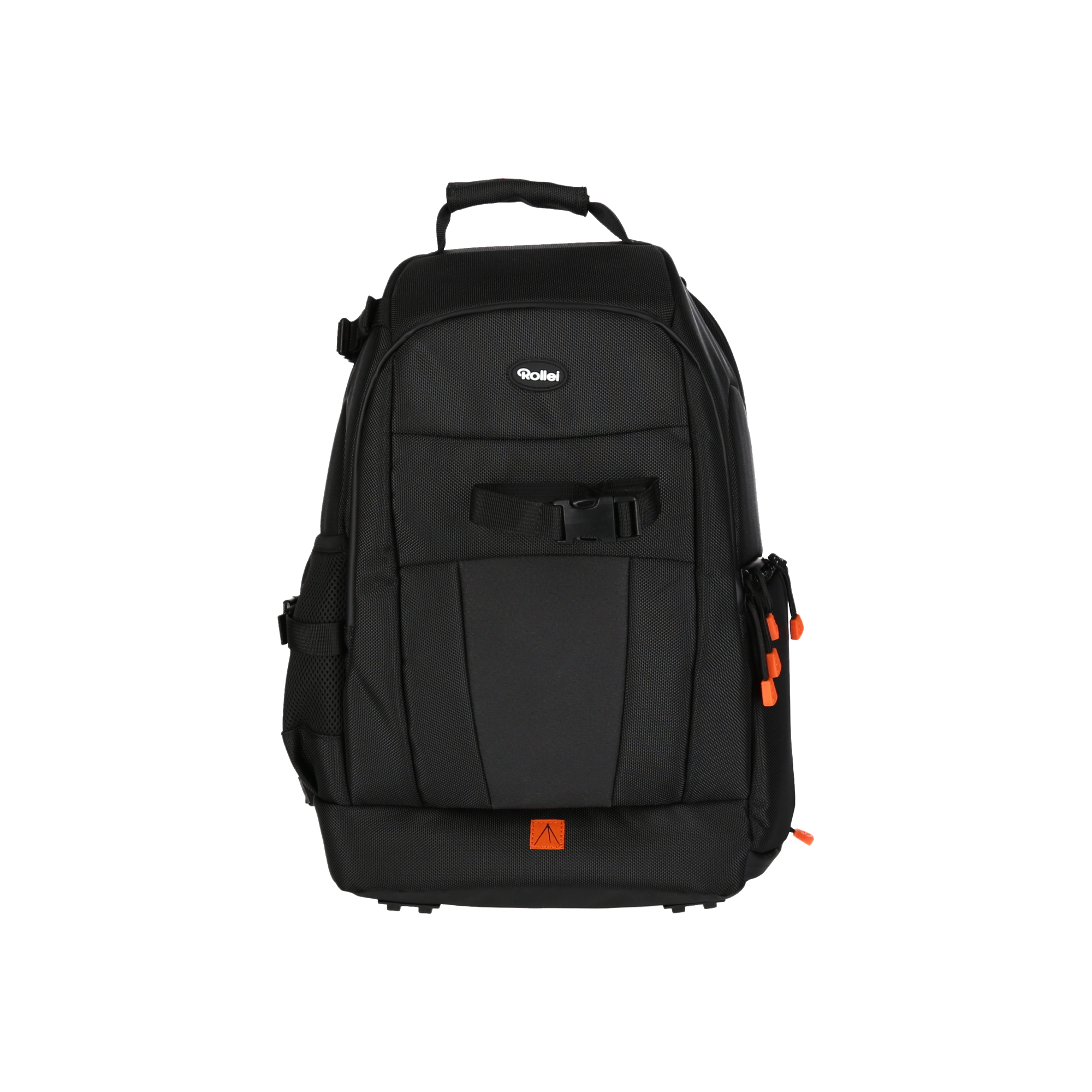 Schwarzer Rucksack mit Griff und orangefarbenen Akzenten, isoliert.