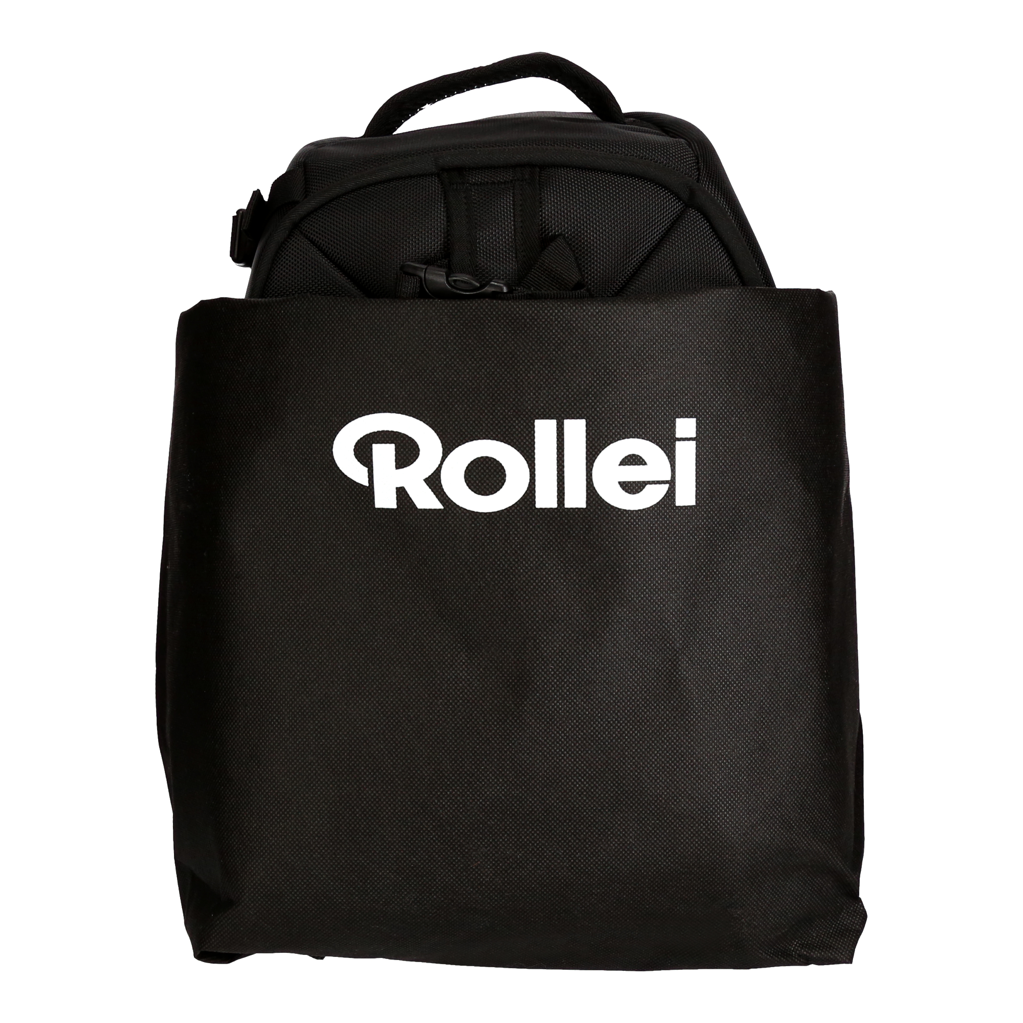 Eine schwarze Kameratasche mit dem 'Rollei'-Logo. Die Tasche ist offen, eine Kameratasche ist sichtbar.