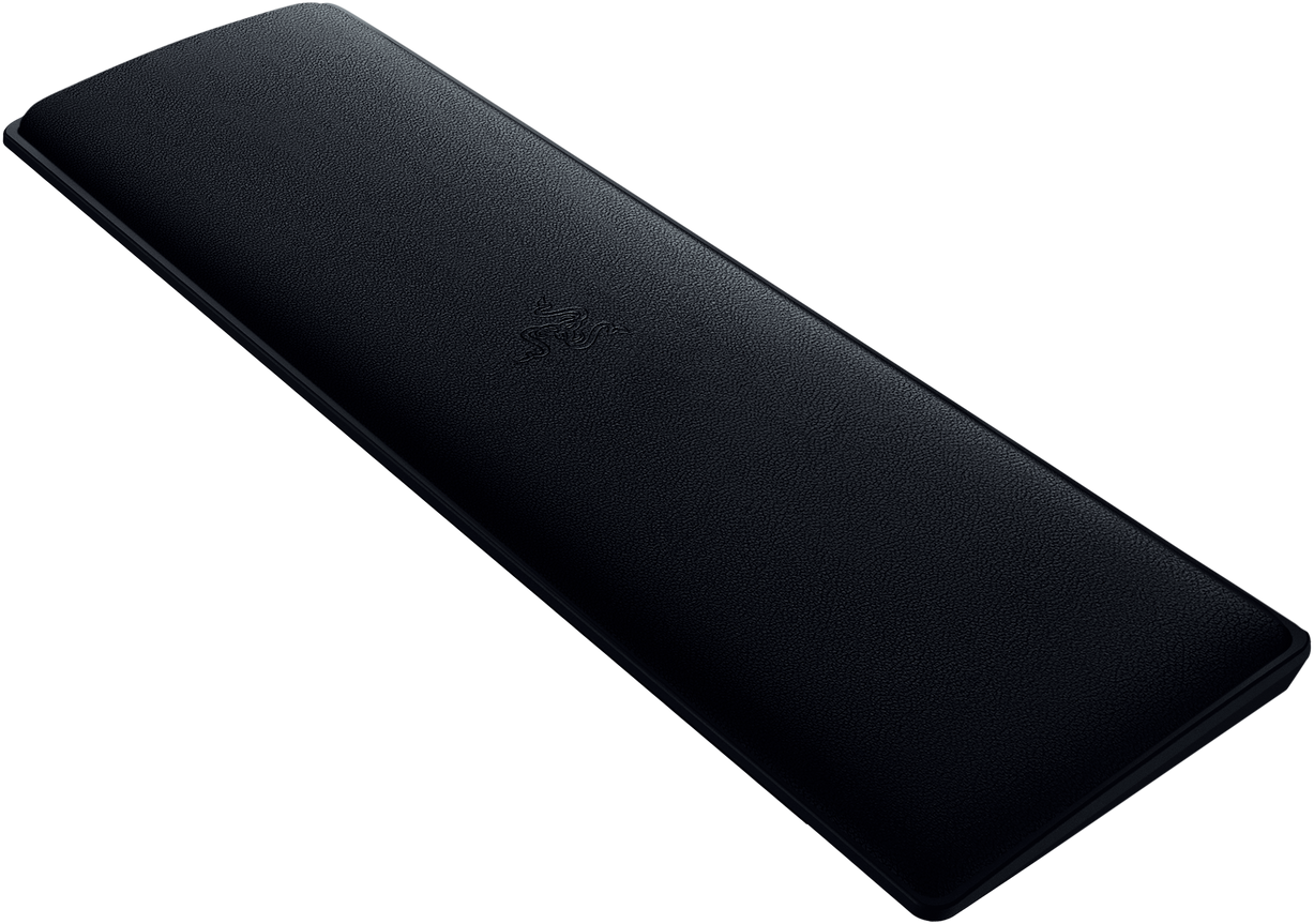 Schwarze Razer-Handgelenkauflage auf schwarzem Hintergrund, schräge Ansicht.