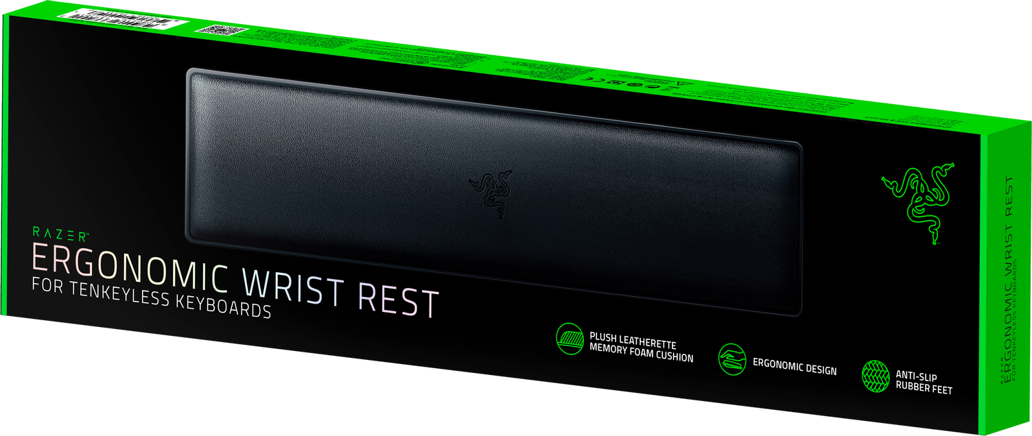 Eine schwarze ergonomische Razer-Handgelenkstütze für zehnlose Tastaturen in einer grünen Box.