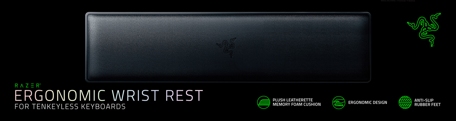 Schwarze Handgelenkauflage. Sie ist mit Text und einem Razer-Logo versehen.