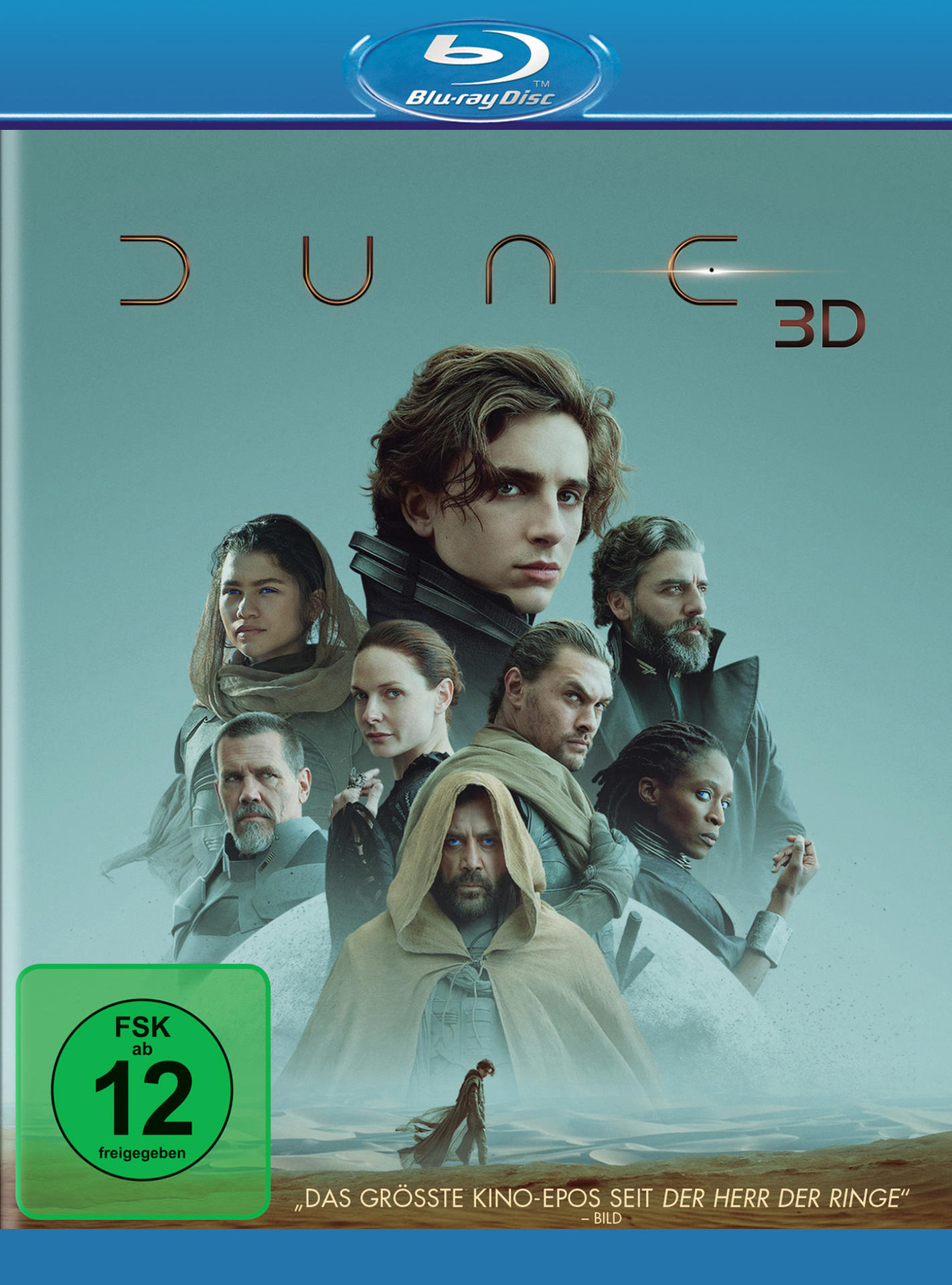 Dune 3D Blu-ray Cover mit Timothée Chalamet und anderen Schauspielern. Eine Wüstenszene im Hintergrund.