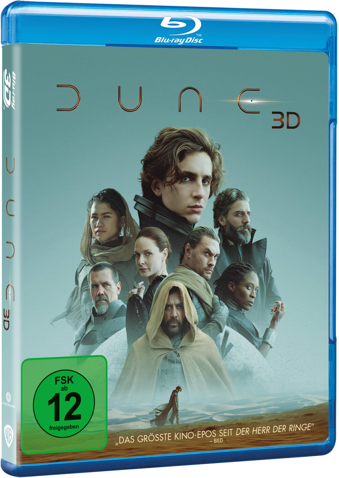 Dune 3D Blu-ray Hülle. Mit Film-Cast, blauem Gehäuse und grüner FSK 12-Bewertung.