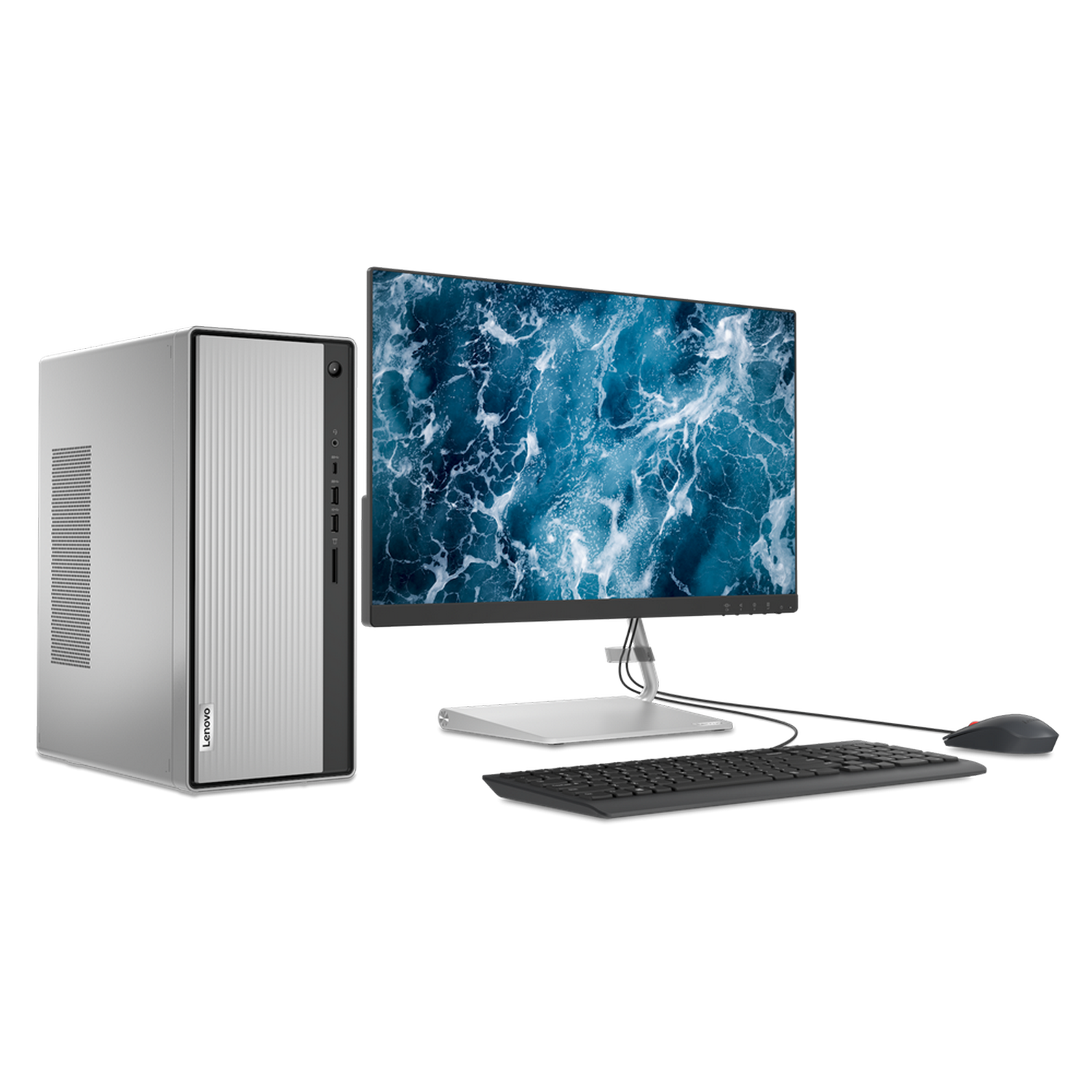 Ordenador de sobremesa plateado con monitor, teclado y ratón sobre fondo negro.