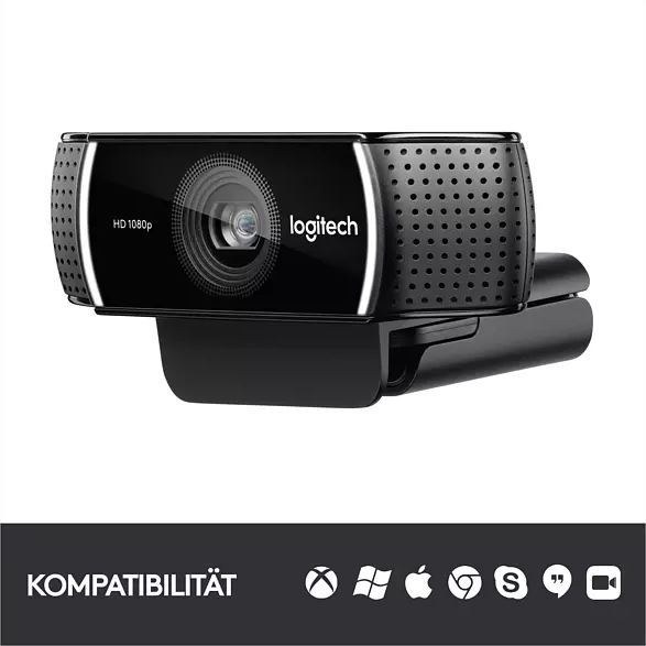 Schwarze Logitech Webcam mit HD 1080p. Sie hat eine Linse, Logo und steht auf einem schwarzen Sockel mit Kompatibilitäts-Icons.