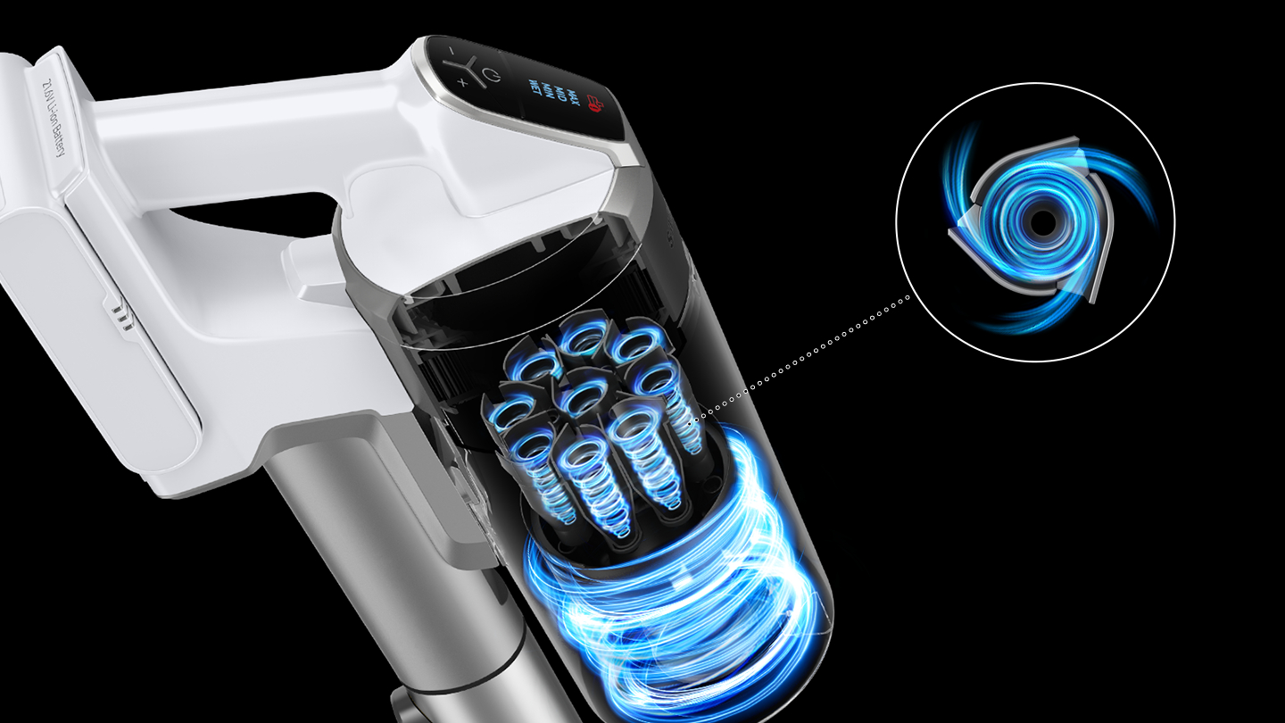 Staubsauger mit transparentem Behälter, der interne Komponenten und ein wirbelndes Luftdiagramm zeigt.