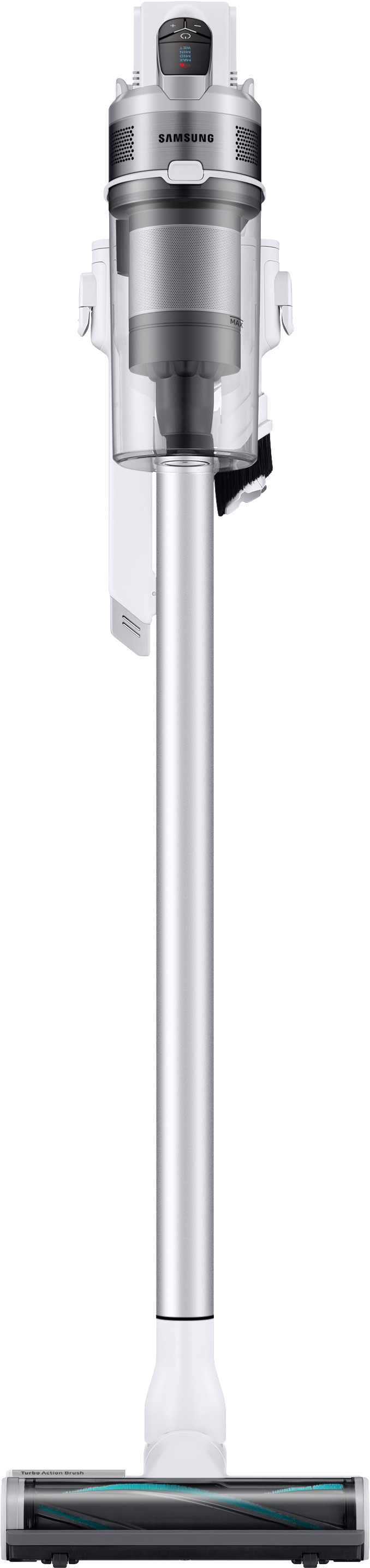 Ein weißer und silberner Samsung Akku-Stielsauger, aufrecht.