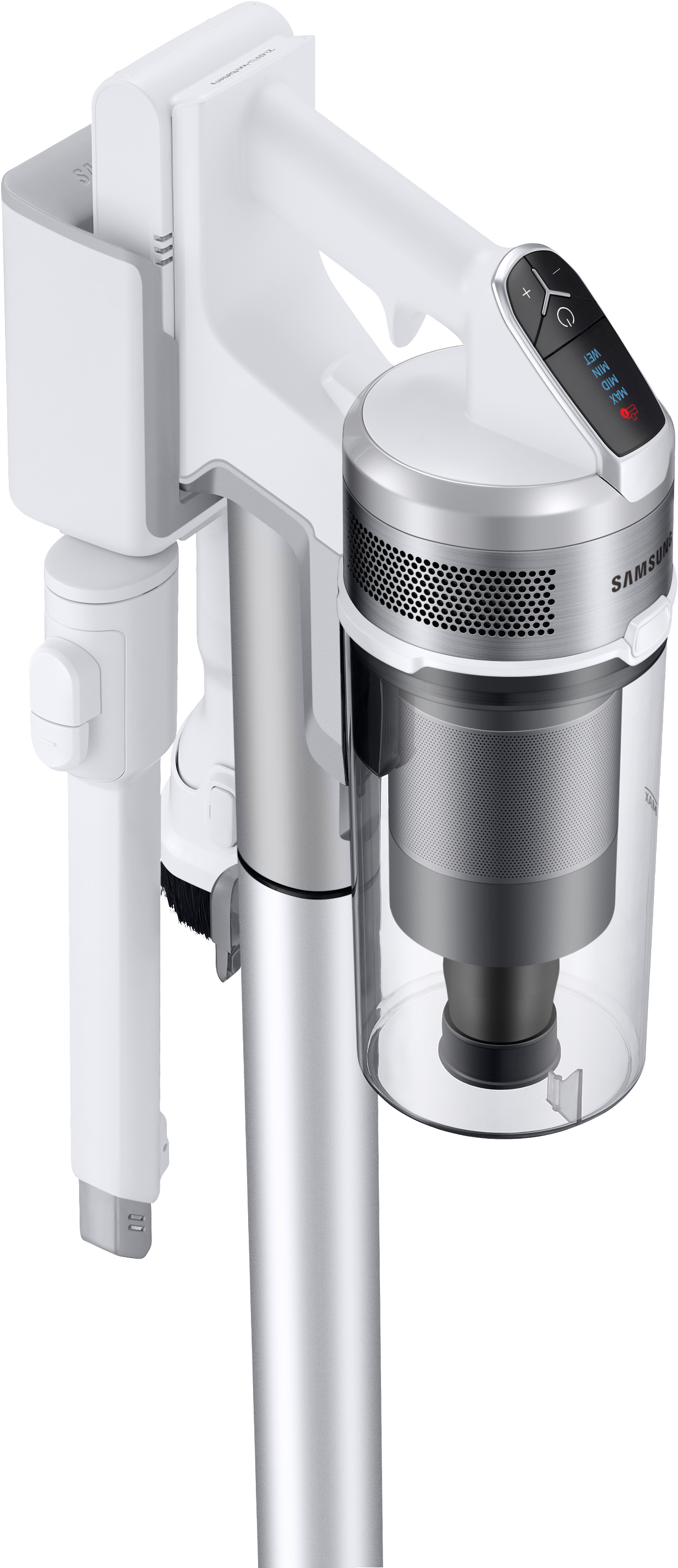 Kabelloser Staubsauger in Weiß und Silber. Mit Griff, Staubbehälter und Aufsätzen.