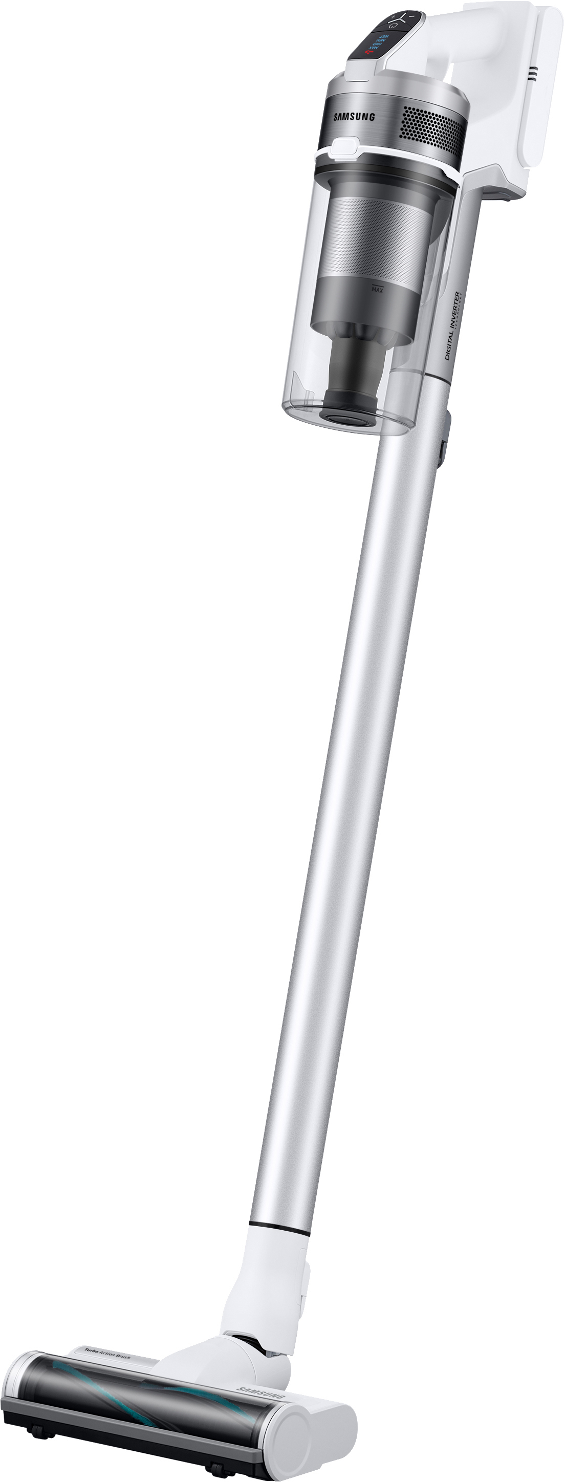 Ein weißer, aufrechter Staubsauger mit transparentem Staubbehälter, vor weißem Hintergrund.