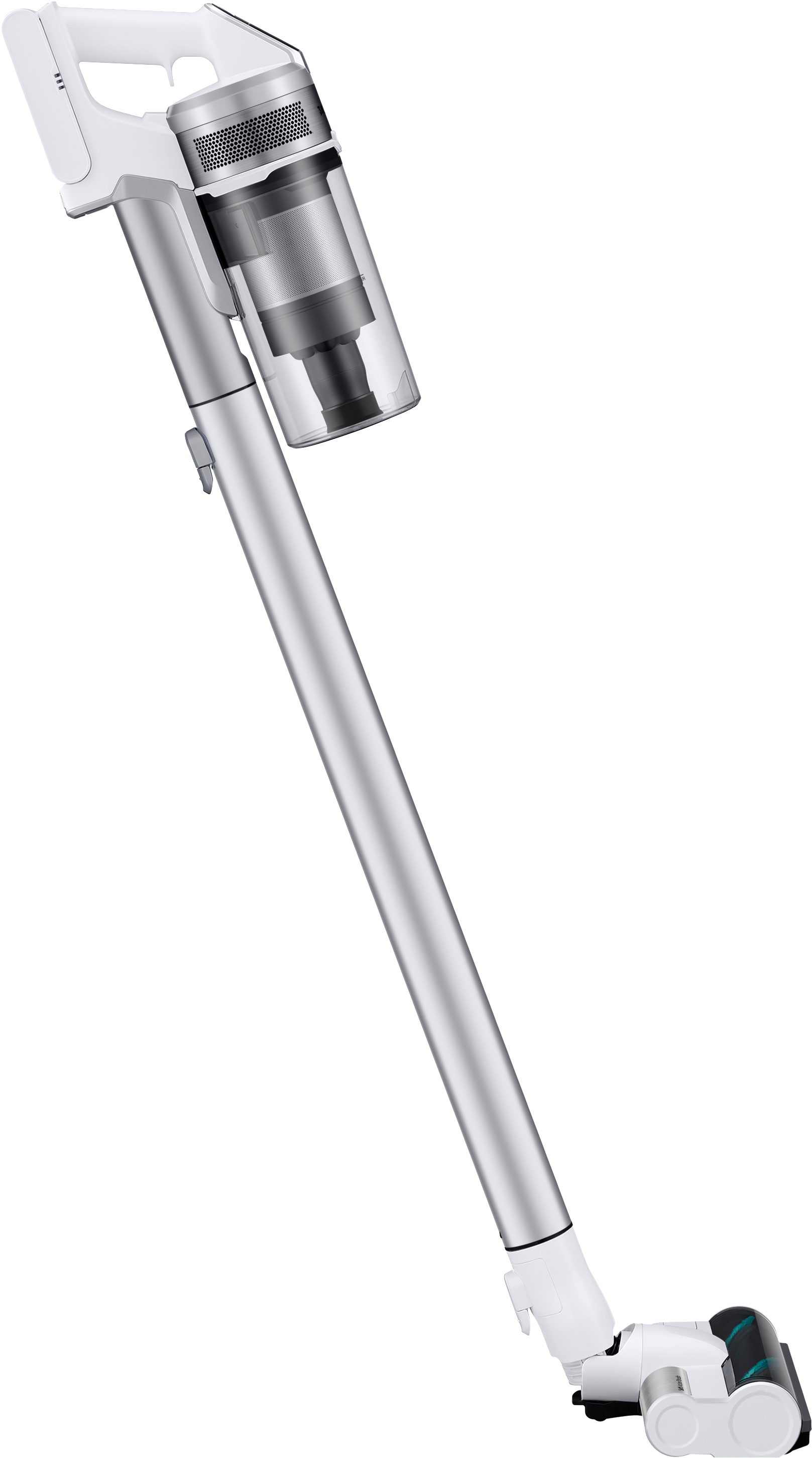 Silberner und weißer kabelloser Staubsauger auf weißem Hintergrund, schräge Ansicht. Griff und Staubbehälter sichtbar.