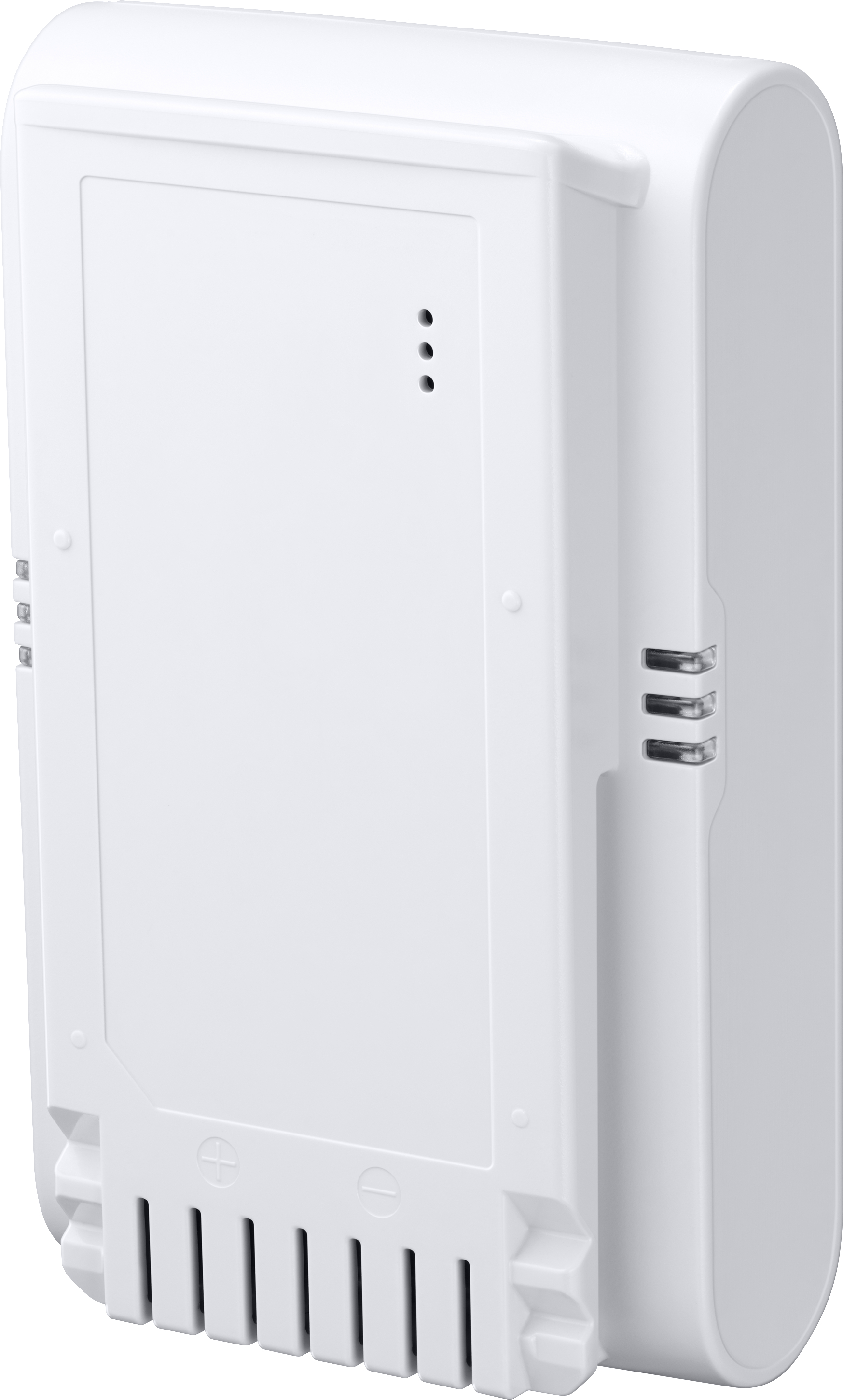 Ein weißes Akku-Pack mit geschwungenem Design und drei Löchern oben.