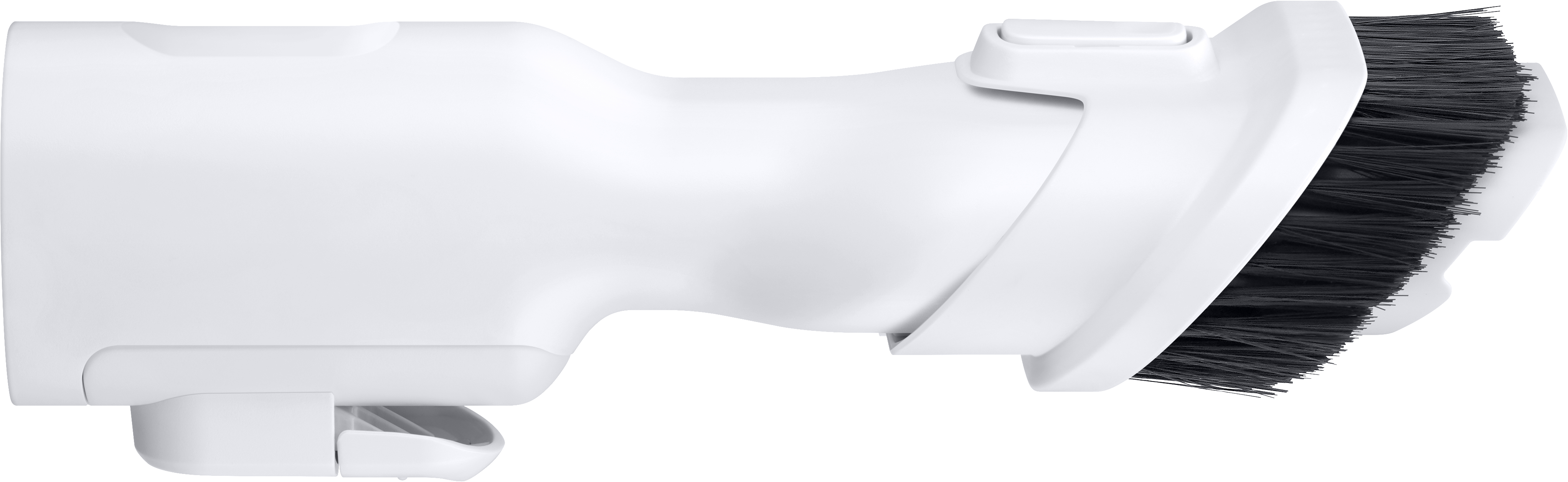 Ein weißer Staubsaugerbürstenaufsatz mit schwarzen Borsten am Ende.