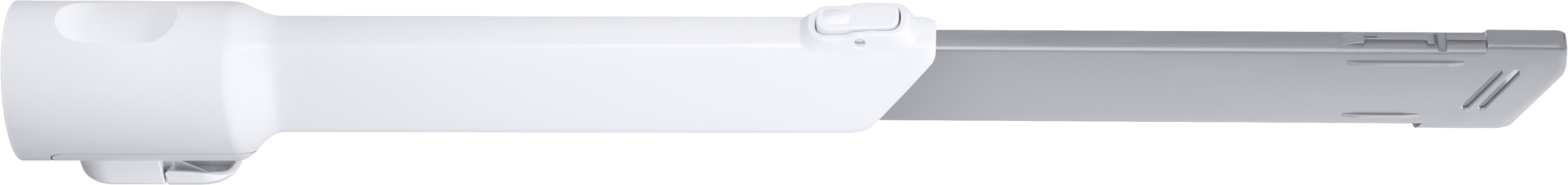 Weißes, längliches Gerät mit grauem, klingenähnlichem Aufsatz, auf weißem Hintergrund.