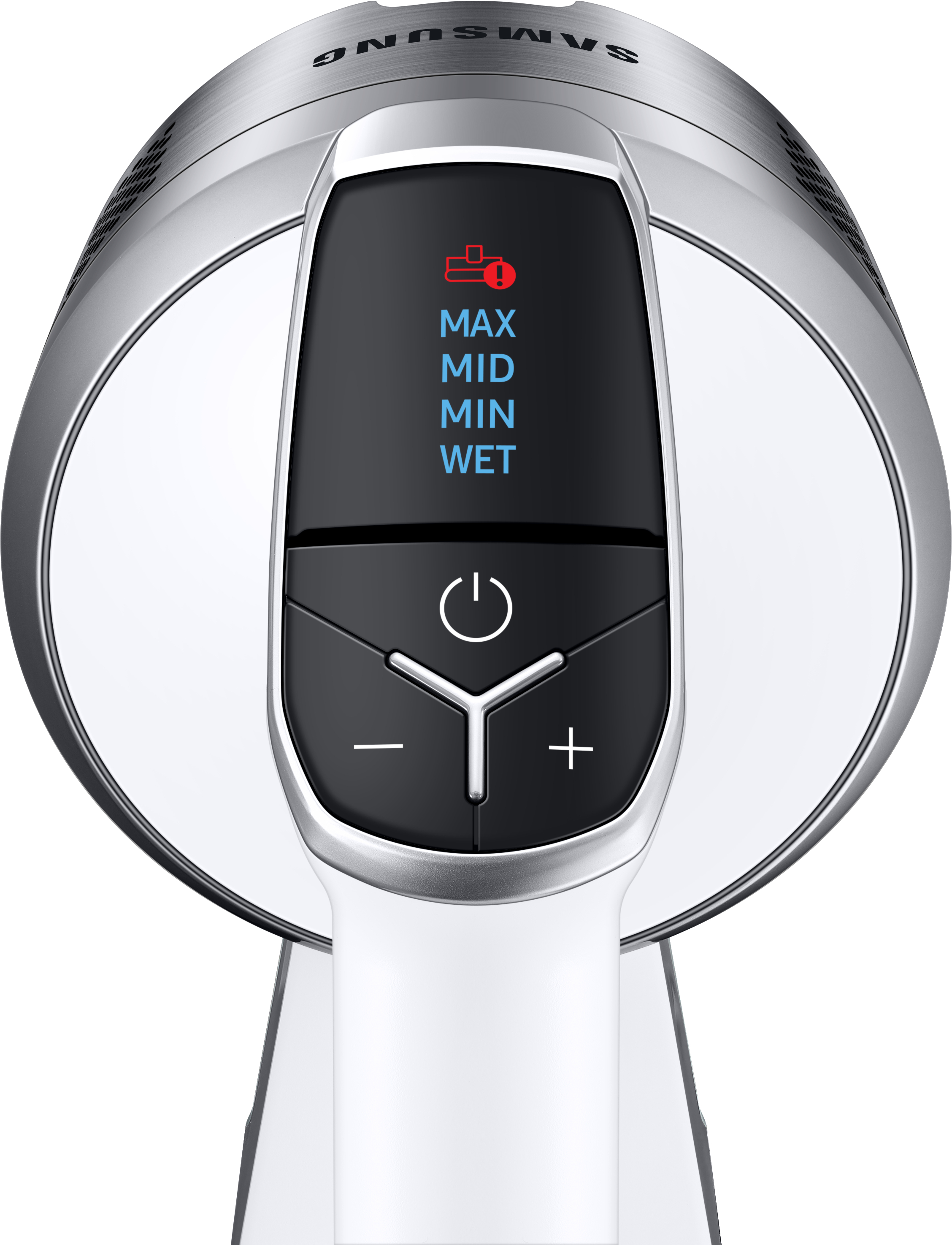 Nahaufnahme eines Staubsaugergriffs, Display zeigt max, mid, min und wet.
