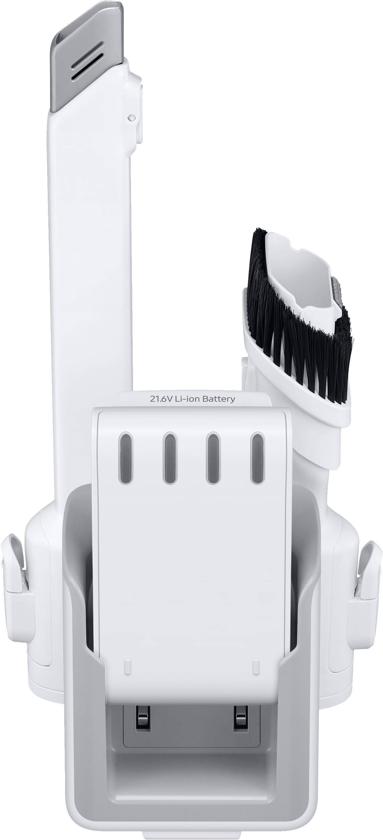 Eine weiße Ladestation mit einem Staubsauger und Zubehör.