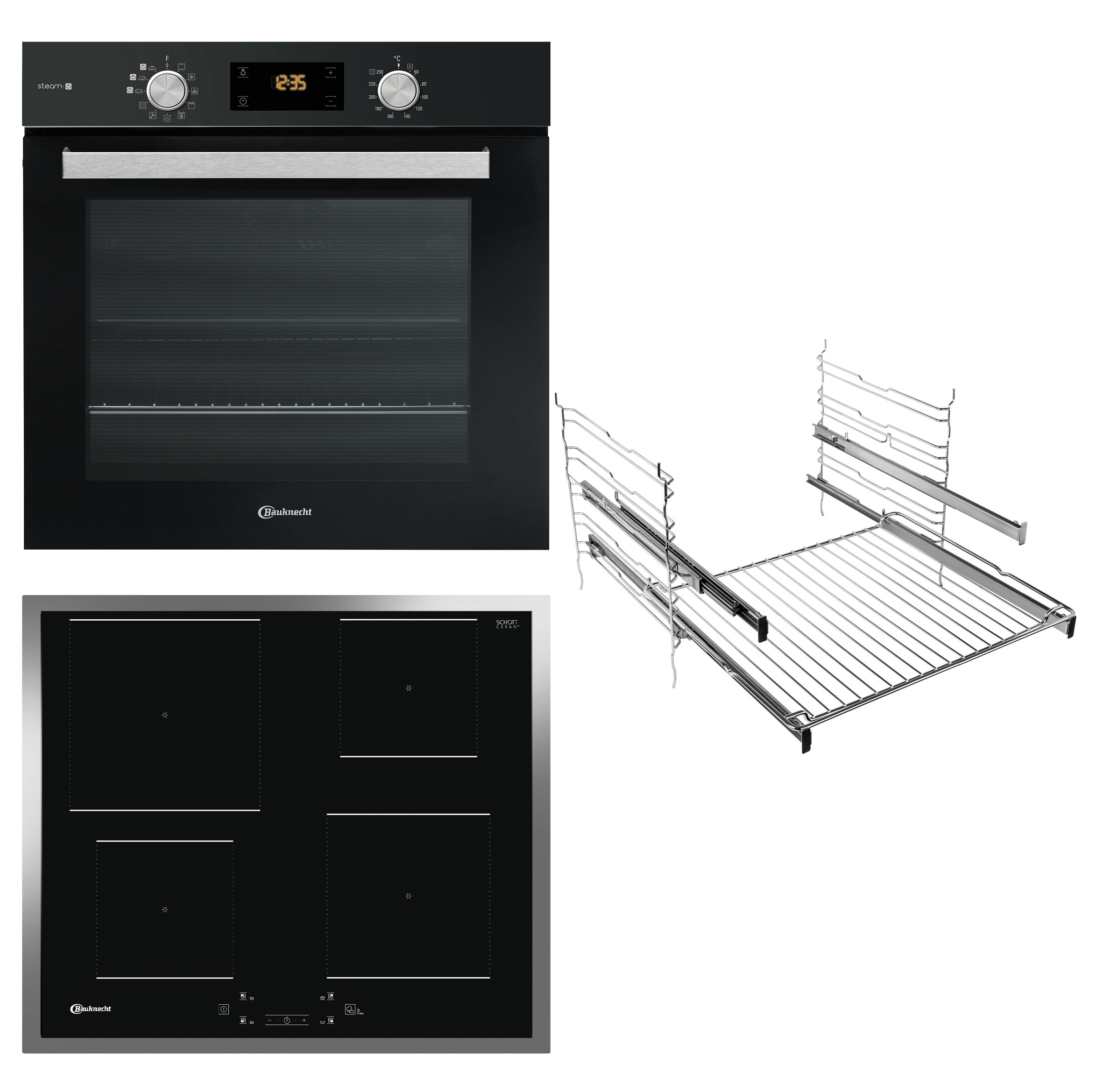 Ein Backofen und ein Kochfeld. Der Ofen ist schwarz, das Kochfeld silbern mit schwarzen Quadraten.