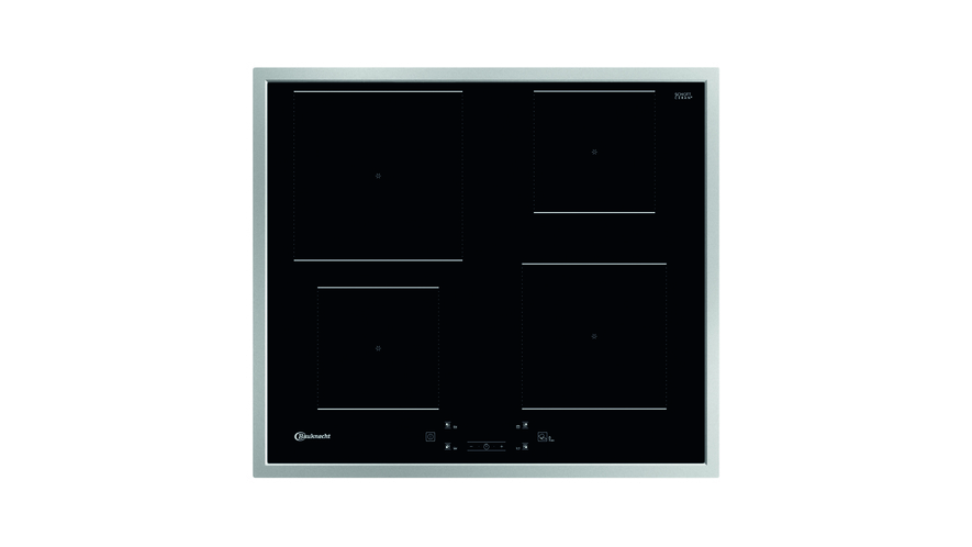 Schwarzes Induktionskochfeld mit vier Kochfeldern und Metallrahmen.