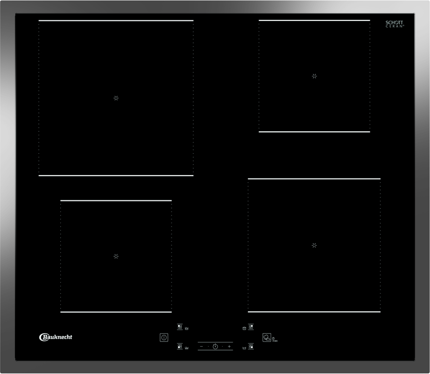 Schwarzes Kochfeld mit vier Kochzonen. Mit 'SCHOTT CERAN' Etikett und 'Bauknecht'-Logo.