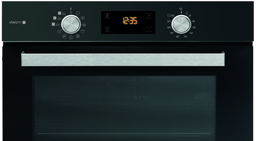 Schwarzes Backofen-Bedienfeld mit Knöpfen, Digitalanzeige und Edelstahlgriff. Dampf-Logo.