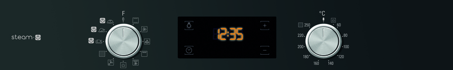 Backofen-Bedienfeld mit Knöpfen, Digitalanzeige 12:35 und Symbolen.