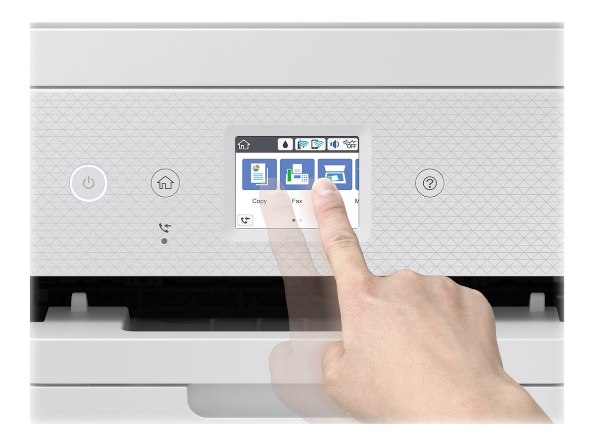 Ein Finger zeigt auf das 'Fax'-Symbol auf dem Touchscreen eines Druckers. Der Bildschirm ist weiß.