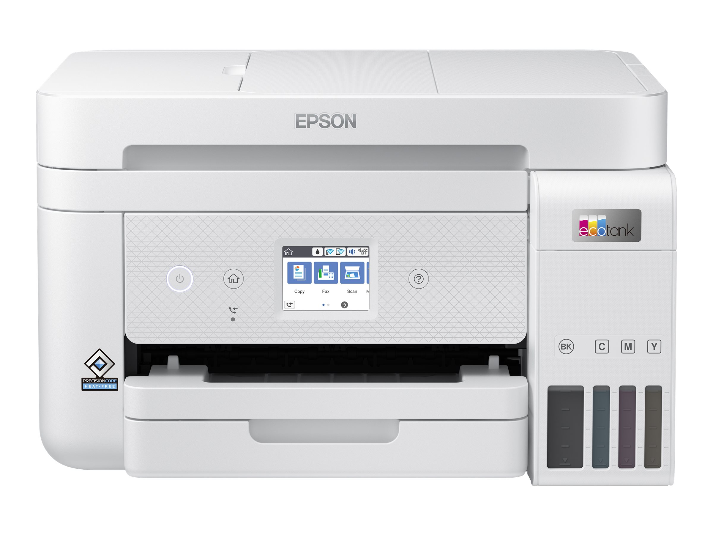 Ein weißer Epson Ecotank-Drucker mit Bildschirm und Tintenbehältern an der Seite.